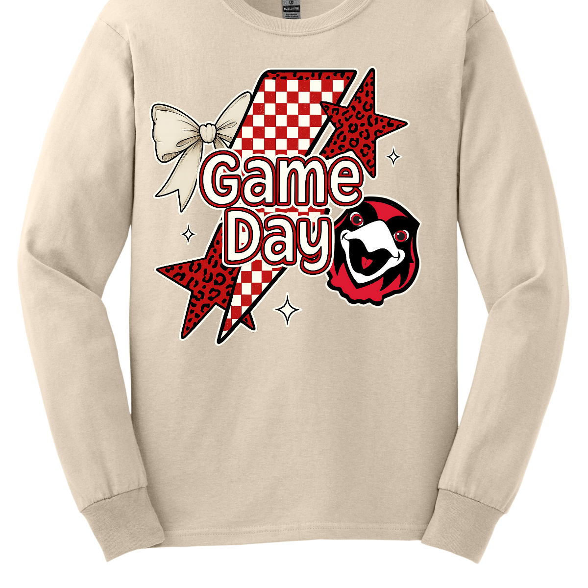 Bring energy to every game with the Game Day Rowdy youth collection! Available in short/ long sleeve, cozy crewneck, and warm hoodie styles. The bold design features a dynamic checkerboard and animal print shooting star, symbolizing the unstoppable energy of the Redhawks. A playful croquette bow adds a fun twist, while the fearless Redhawk takes stage, embodying team strength and spirit. The look is completed with powerful “Game Day” lettering in crisp white. 
Shop at Gorgeousware.com today!
