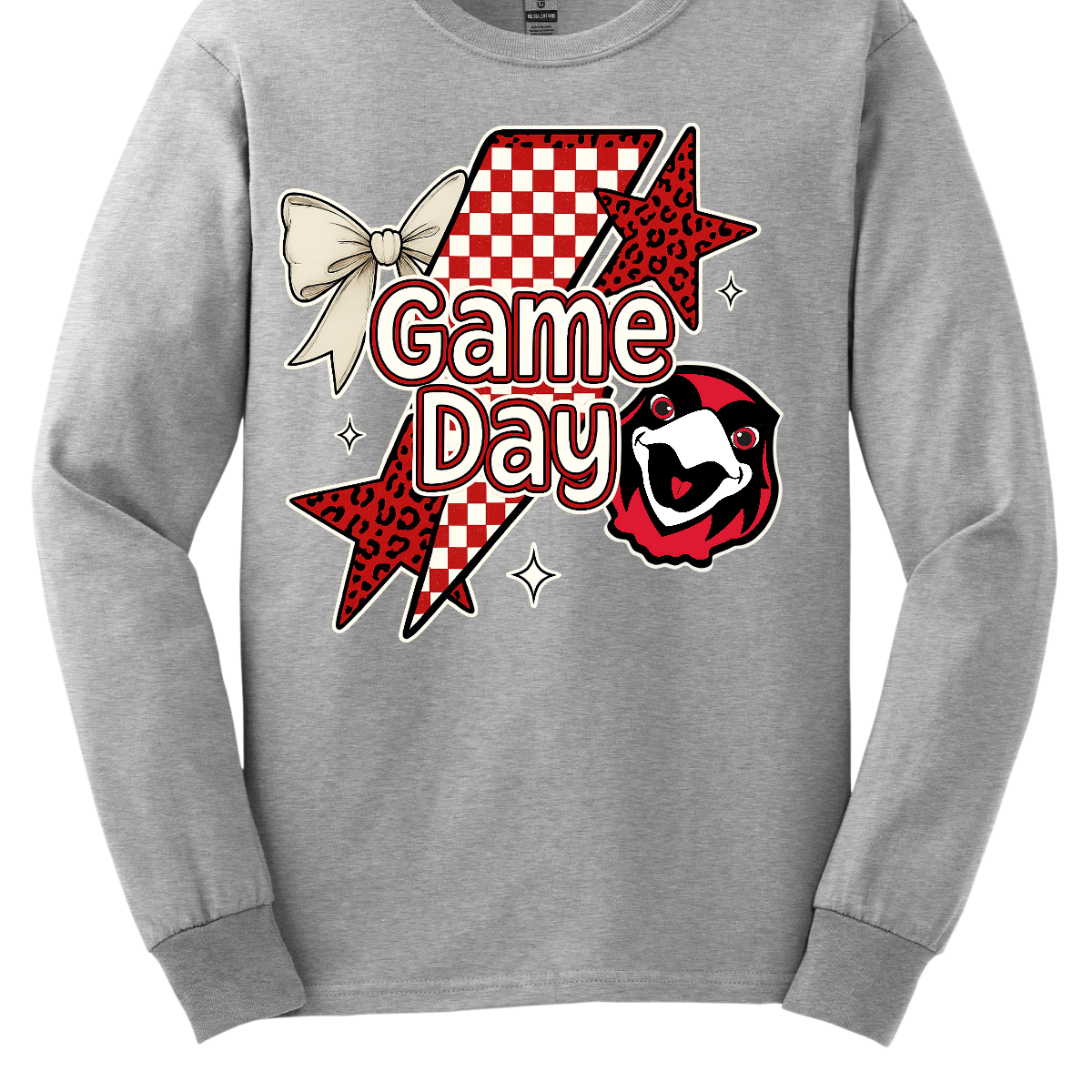 Bring energy to every game with the Game Day Rowdy youth collection! Available in short/ long sleeve, cozy crewneck, and warm hoodie styles. The bold design features a dynamic checkerboard and animal print shooting star, symbolizing the unstoppable energy of the Redhawks. A playful croquette bow adds a fun twist, while the fearless Redhawk takes stage, embodying team strength and spirit. The look is completed with powerful “Game Day” lettering in crisp white. 
Shop at Gorgeousware.com today!
