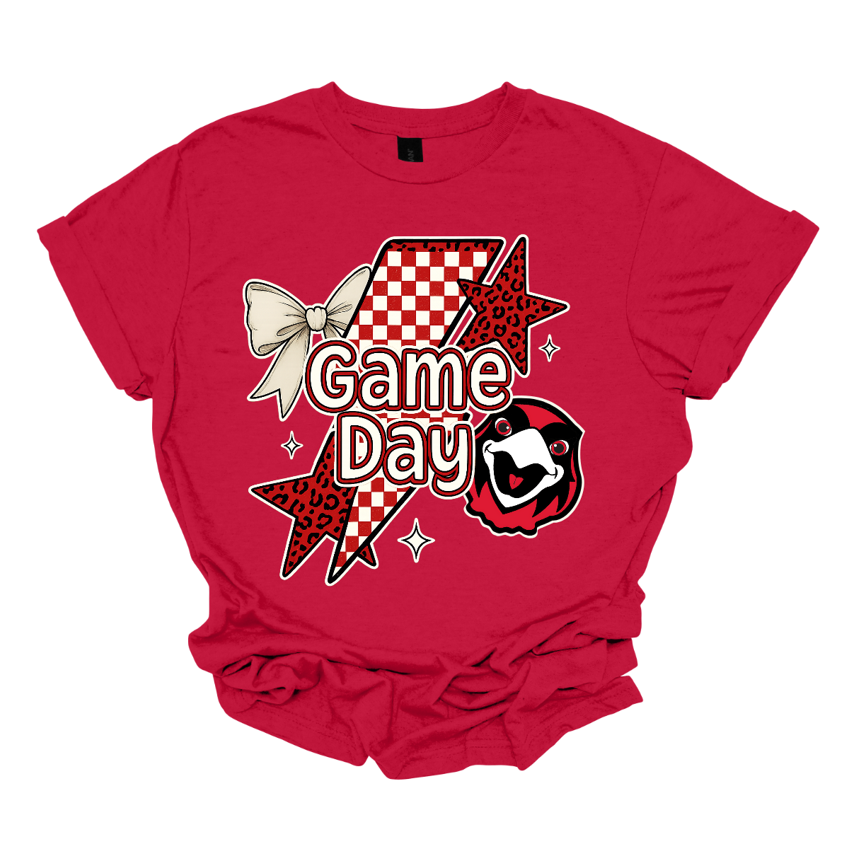Bring energy to every game with the Game Day Rowdy youth collection! Available in short/ long sleeve, cozy crewneck, and warm hoodie styles. The bold design features a dynamic checkerboard and animal print shooting star, symbolizing the unstoppable energy of the Redhawks. A playful croquette bow adds a fun twist, while the fearless Redhawk takes stage, embodying team strength and spirit. The look is completed with powerful “Game Day” lettering in crisp white. 
Shop at Gorgeousware.com today!
