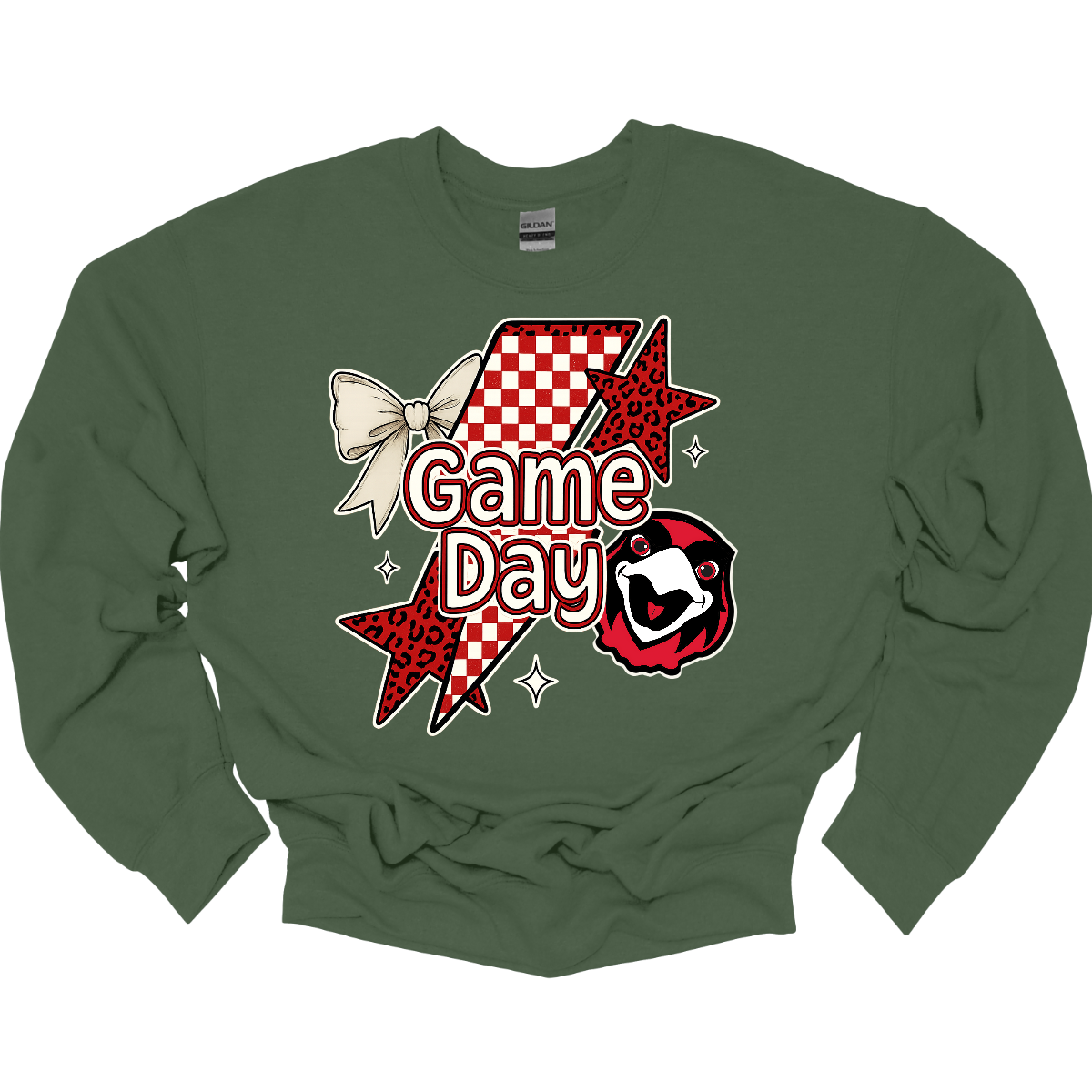 Bring energy to every game with the Game Day Rowdy youth collection! Available in short/ long sleeve, cozy crewneck, and warm hoodie styles. The bold design features a dynamic checkerboard and animal print shooting star, symbolizing the unstoppable energy of the Redhawks. A playful croquette bow adds a fun twist, while the fearless Redhawk takes stage, embodying team strength and spirit. The look is completed with powerful “Game Day” lettering in crisp white. 
Shop at Gorgeousware.com today!
