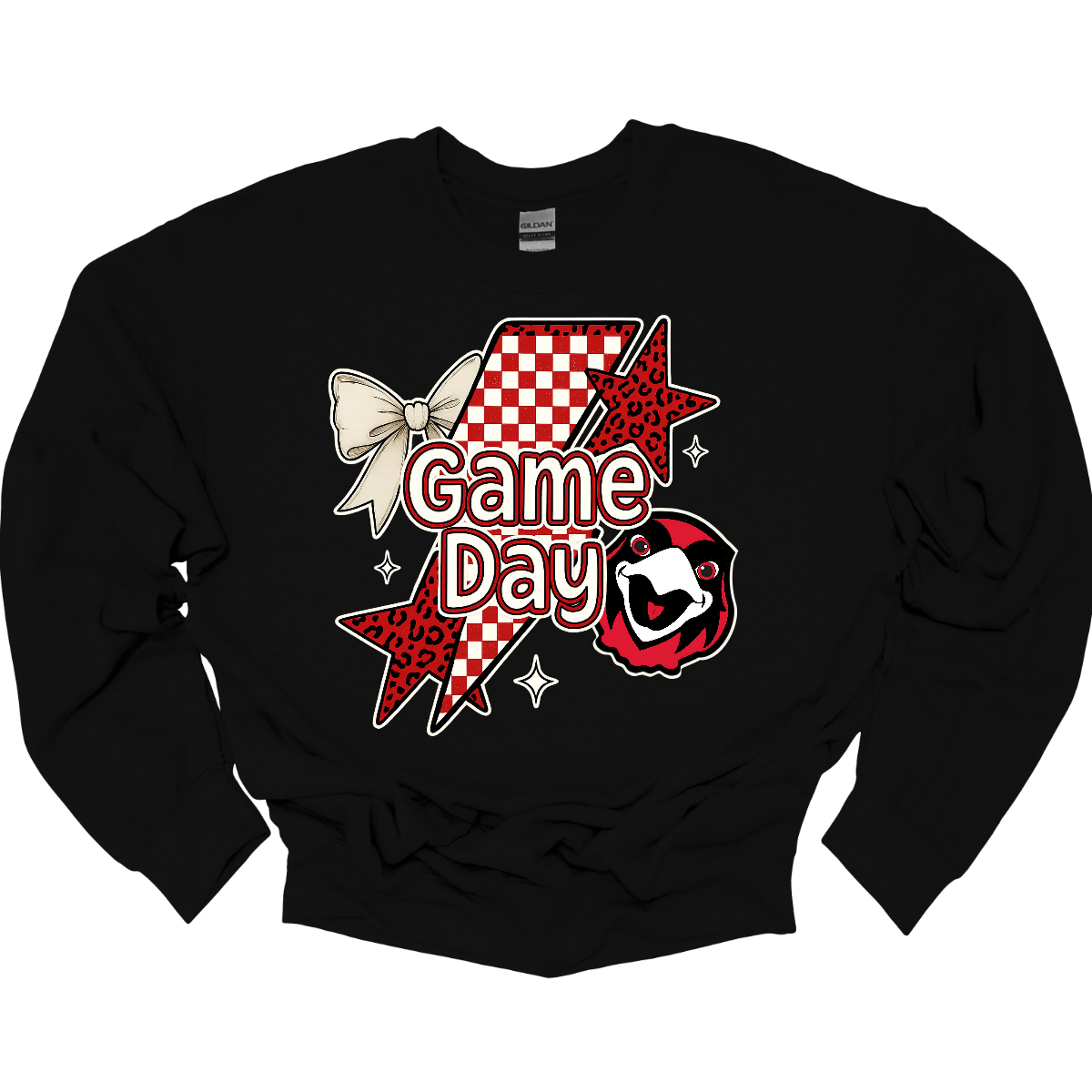 Bring energy to every game with the Game Day Rowdy youth collection! Available in short/ long sleeve, cozy crewneck, and warm hoodie styles. The bold design features a dynamic checkerboard and animal print shooting star, symbolizing the unstoppable energy of the Redhawks. A playful croquette bow adds a fun twist, while the fearless Redhawk takes stage, embodying team strength and spirit. The look is completed with powerful “Game Day” lettering in crisp white. 
Shop at Gorgeousware.com today!

