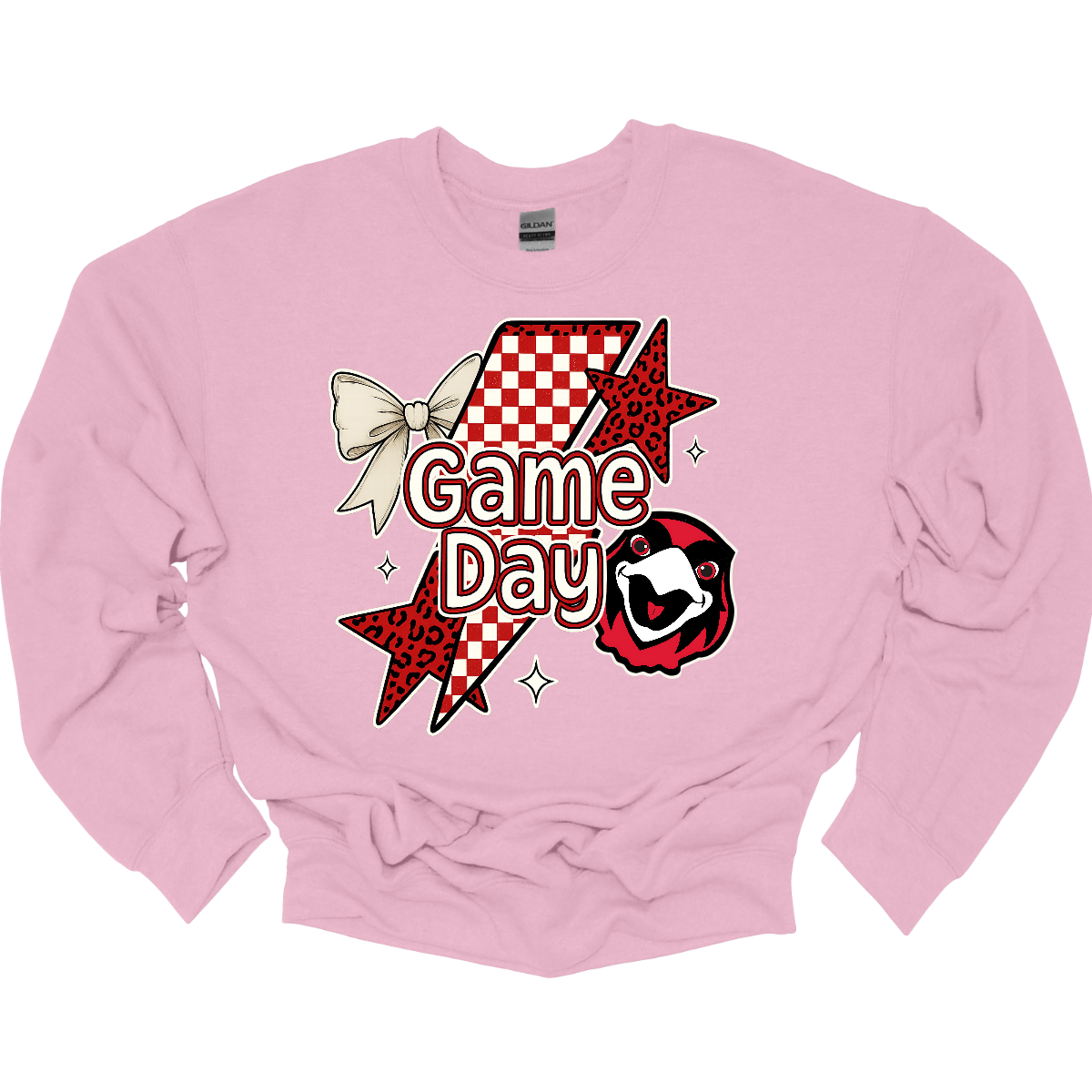 Bring energy to every game with the Game Day Rowdy youth collection! Available in short/ long sleeve, cozy crewneck, and warm hoodie styles. The bold design features a dynamic checkerboard and animal print shooting star, symbolizing the unstoppable energy of the Redhawks. A playful croquette bow adds a fun twist, while the fearless Redhawk takes stage, embodying team strength and spirit. The look is completed with powerful “Game Day” lettering in crisp white. 
Shop at Gorgeousware.com today!
