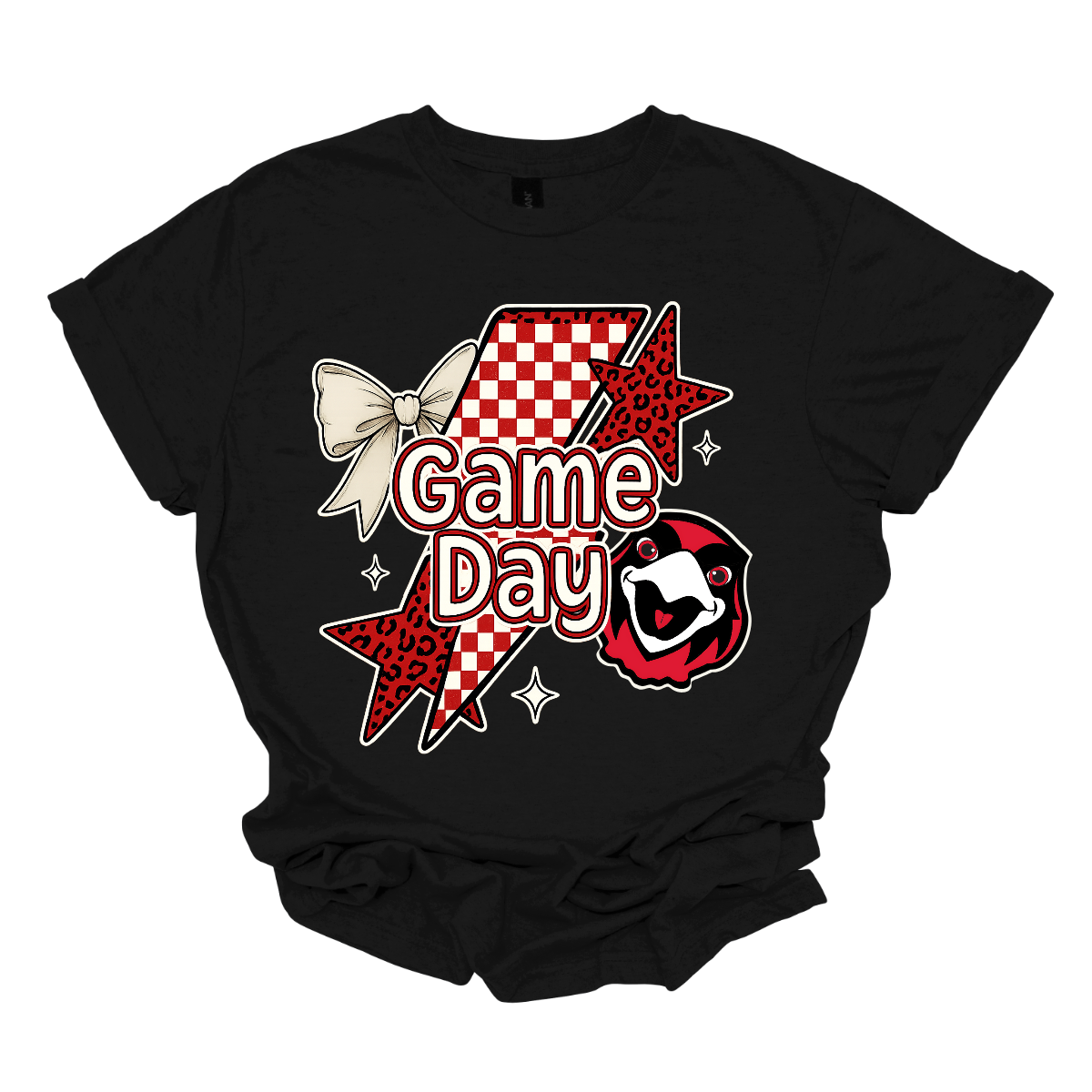 Bring energy to every game with the Game Day Rowdy youth collection! Available in short/ long sleeve, cozy crewneck, and warm hoodie styles. The bold design features a dynamic checkerboard and animal print shooting star, symbolizing the unstoppable energy of the Redhawks. A playful croquette bow adds a fun twist, while the fearless Redhawk takes stage, embodying team strength and spirit. The look is completed with powerful “Game Day” lettering in crisp white. 
Shop at Gorgeousware.com today!
