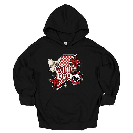 Bring energy to every game with the Game Day Rowdy youth collection! Available in short/ long sleeve, cozy crewneck, and warm hoodie styles. The bold design features a dynamic checkerboard and animal print shooting star, symbolizing the unstoppable energy of the Redhawks. A playful croquette bow adds a fun twist, while the fearless Redhawk takes stage, embodying team strength and spirit. The look is completed with powerful “Game Day” lettering in crisp white. 
Shop at Gorgeousware.com today!
