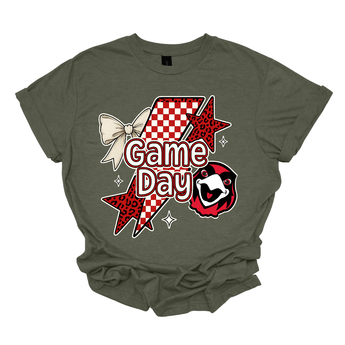 Bring energy to every game with the Game Day Rowdy youth collection! Available in short/ long sleeve, cozy crewneck, and warm hoodie styles. The bold design features a dynamic checkerboard and animal print shooting star, symbolizing the unstoppable energy of the Redhawks. A playful croquette bow adds a fun twist, while the fearless Redhawk takes stage, embodying team strength and spirit. The look is completed with powerful “Game Day” lettering in crisp white. 
Shop at Gorgeousware.com today!
