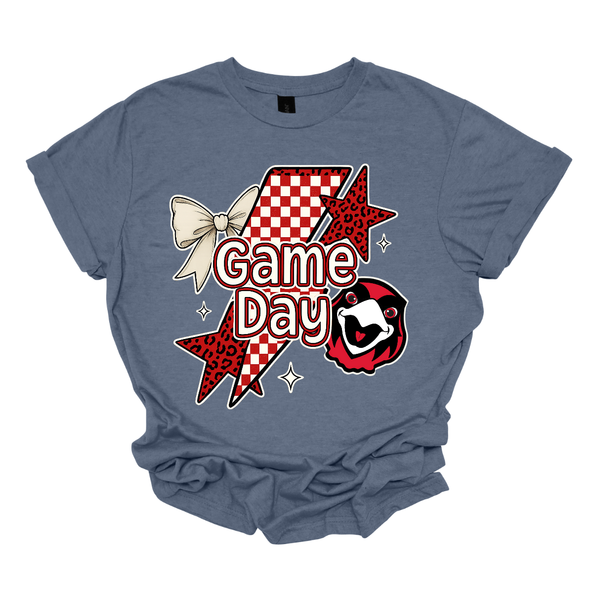 Bring energy to every game with the Game Day Rowdy youth collection! Available in short/ long sleeve, cozy crewneck, and warm hoodie styles. The bold design features a dynamic checkerboard and animal print shooting star, symbolizing the unstoppable energy of the Redhawks. A playful croquette bow adds a fun twist, while the fearless Redhawk takes stage, embodying team strength and spirit. The look is completed with powerful “Game Day” lettering in crisp white. 
Shop at Gorgeousware.com today!
