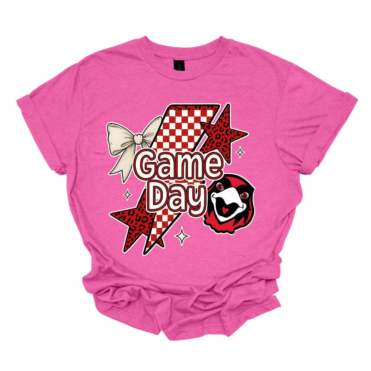Bring energy to every game with the Game Day Rowdy youth collection! Available in short/ long sleeve, cozy crewneck, and warm hoodie styles. The bold design features a dynamic checkerboard and animal print shooting star, symbolizing the unstoppable energy of the Redhawks. A playful croquette bow adds a fun twist, while the fearless Redhawk takes stage, embodying team strength and spirit. The look is completed with powerful “Game Day” lettering in crisp white. 
Shop at Gorgeousware.com today!
