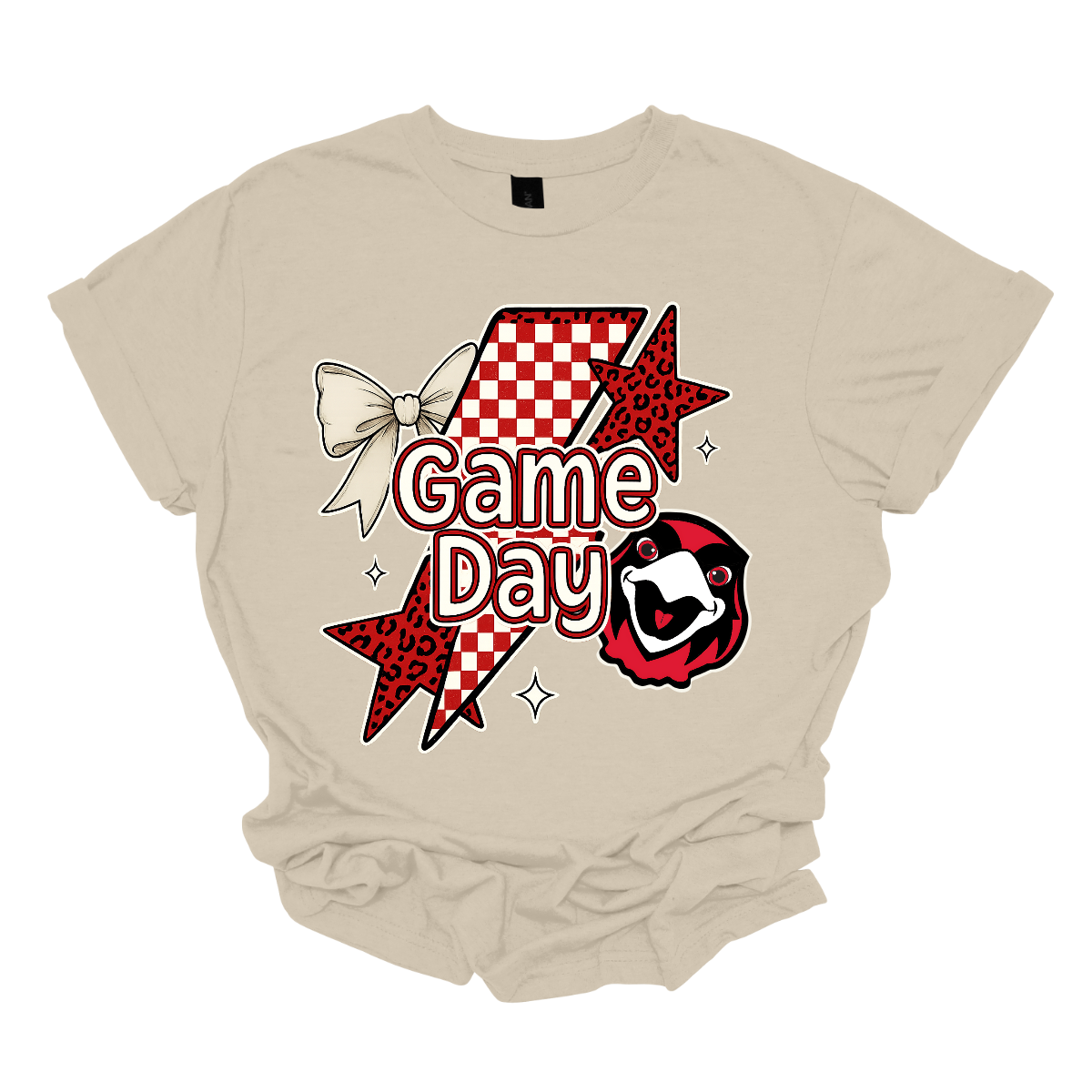 Bring energy to every game with the Game Day Rowdy youth collection! Available in short/ long sleeve, cozy crewneck, and warm hoodie styles. The bold design features a dynamic checkerboard and animal print shooting star, symbolizing the unstoppable energy of the Redhawks. A playful croquette bow adds a fun twist, while the fearless Redhawk takes stage, embodying team strength and spirit. The look is completed with powerful “Game Day” lettering in crisp white. 
Shop at Gorgeousware.com today!
