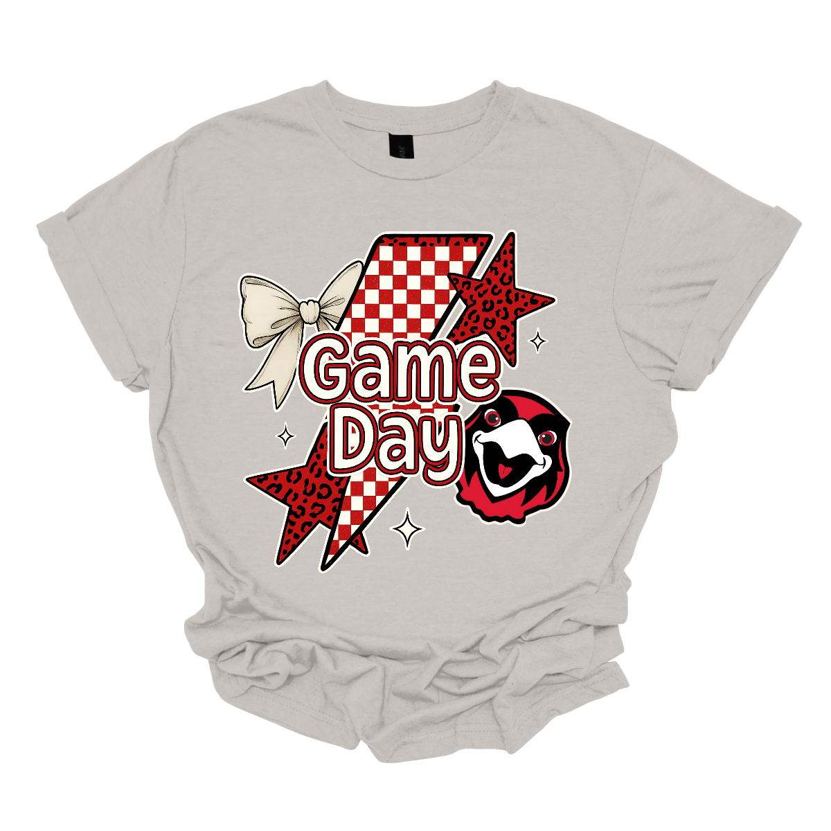 Bring energy to every game with the Game Day Rowdy youth collection! Available in short/ long sleeve, cozy crewneck, and warm hoodie styles. The bold design features a dynamic checkerboard and animal print shooting star, symbolizing the unstoppable energy of the Redhawks. A playful croquette bow adds a fun twist, while the fearless Redhawk takes stage, embodying team strength and spirit. The look is completed with powerful “Game Day” lettering in crisp white. 
Shop at Gorgeousware.com today!
