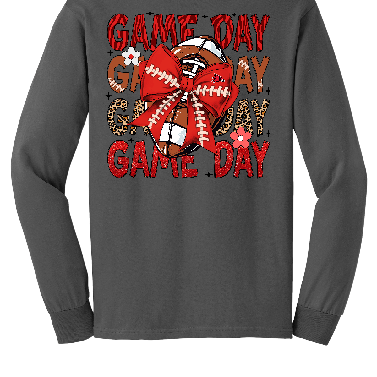 This bold SEMO long-sleeved tee packs serious team spirit into every detail. The front has a ferocious Redhawk graphic paired with SEMO in bold white lettering over the left chest. The back has “Game Day” repeated in eye catching animal print and football-lace lettering. A football wrapped in a red bow steals the spotlight, complete with football-lace details and a small Redhawk perched on the bow. Shop at Gorgeousware.com today!