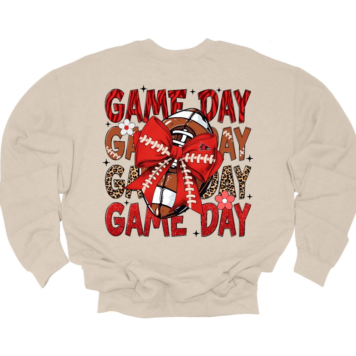 This bold SEMO shirt packs serious team spirit into every detail. The front has a ferocious Redhawk graphic paired with SEMO in bold white lettering over the left chest. The back has “Game Day” repeated in eye catching animal print and football-lace lettering. A football wrapped in a red bow steals the spotlight, complete with football-lace details and a small Redhawk perched on the bow. Go Redhawks! 
Shop at Gorgeousware.com today!
