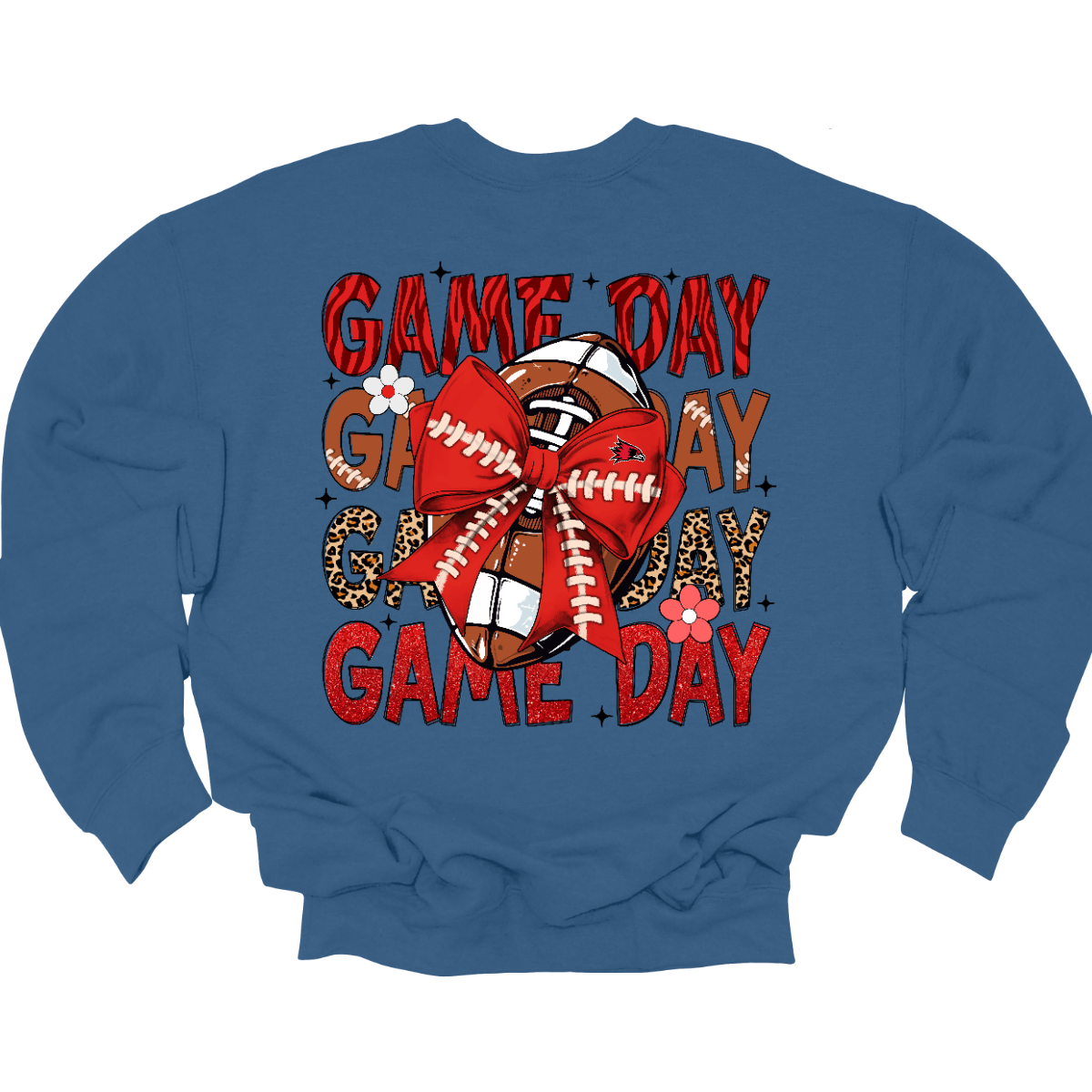 This bold SEMO shirt packs serious team spirit into every detail. The front has a ferocious Redhawk graphic paired with SEMO in bold white lettering over the left chest. The back has “Game Day” repeated in eye catching animal print and football-lace lettering. A football wrapped in a red bow steals the spotlight, complete with football-lace details and a small Redhawk perched on the bow. Go Redhawks! 
Shop at Gorgeousware.com today!
