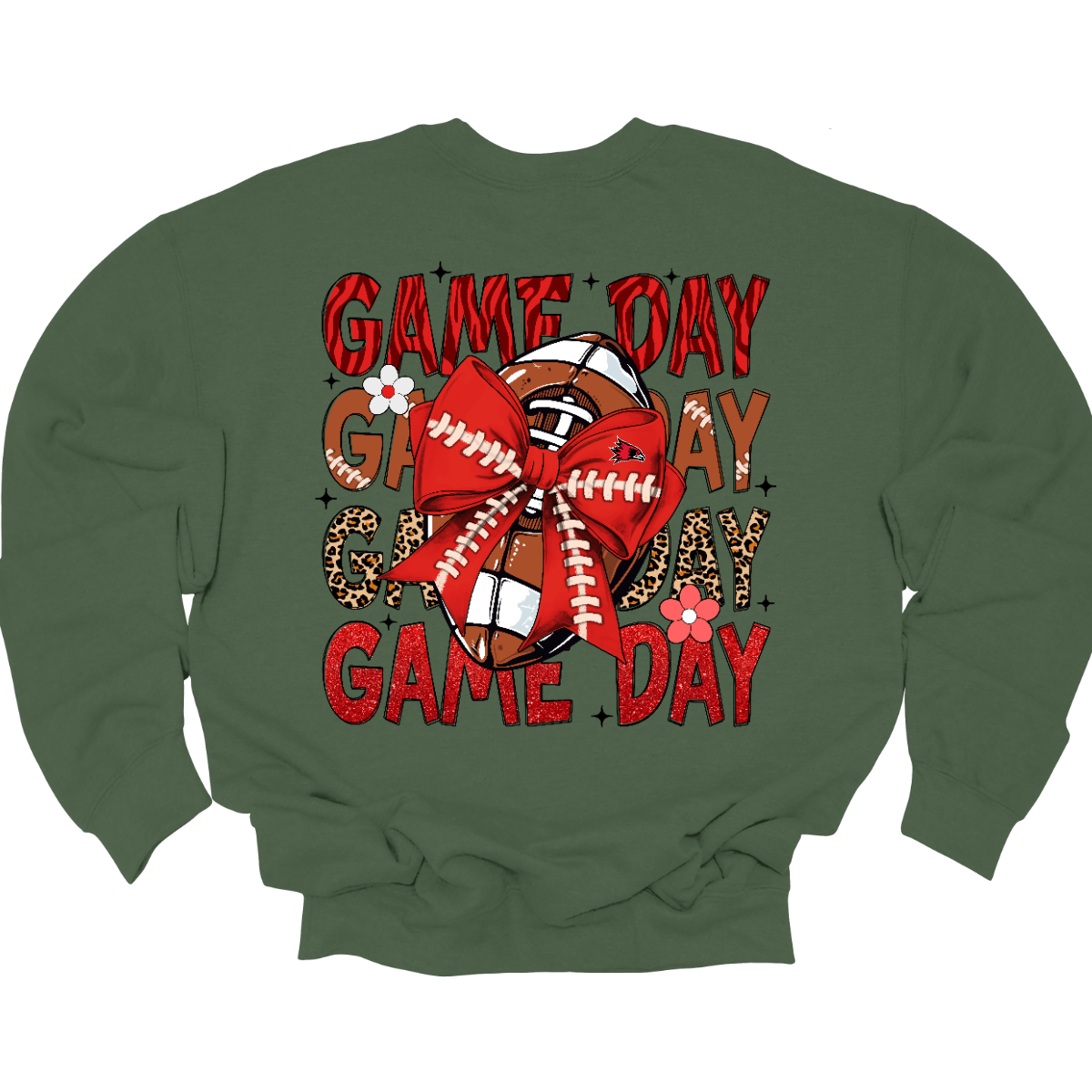 This bold SEMO shirt packs serious team spirit into every detail. The front has a ferocious Redhawk graphic paired with SEMO in bold white lettering over the left chest. The back has “Game Day” repeated in eye catching animal print and football-lace lettering. A football wrapped in a red bow steals the spotlight, complete with football-lace details and a small Redhawk perched on the bow. Go Redhawks! 
Shop at Gorgeousware.com today!
