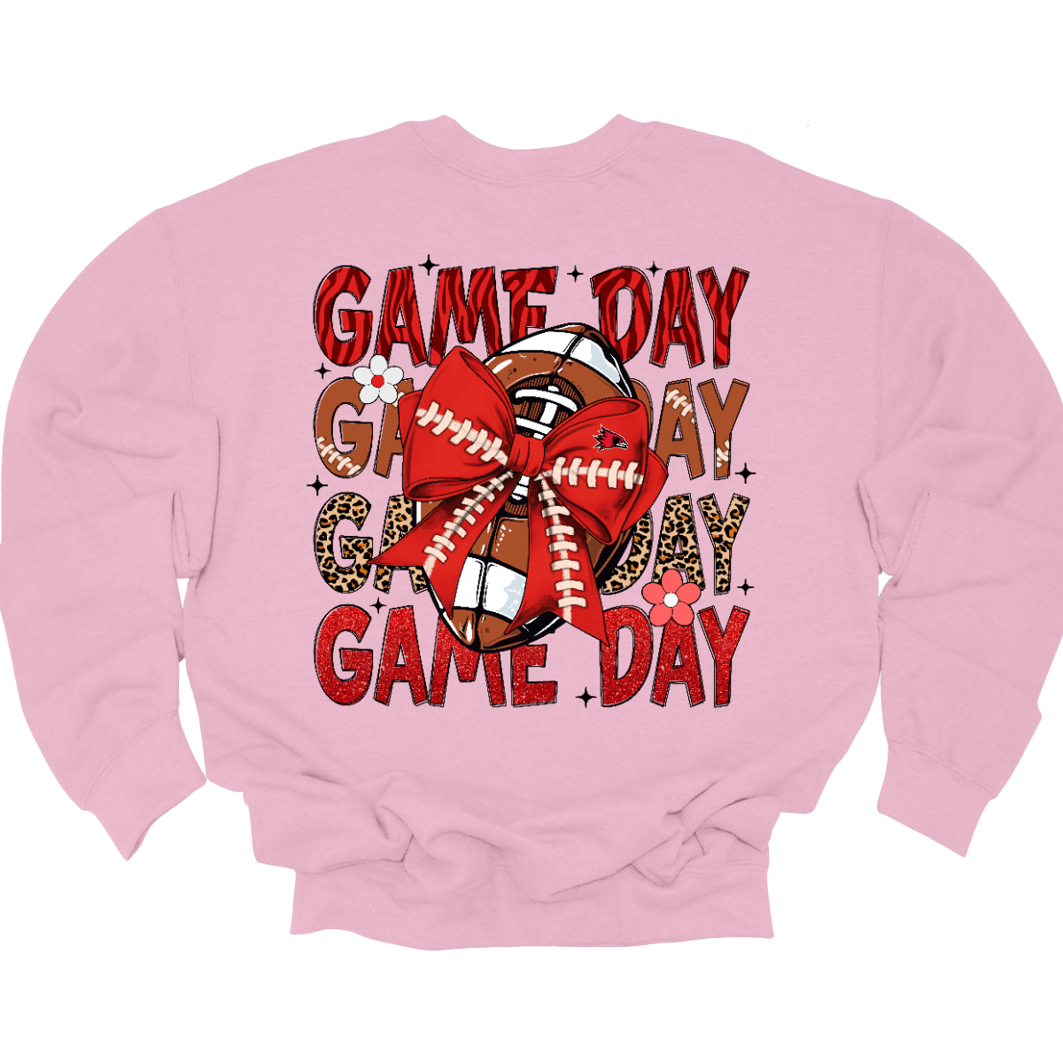 This bold SEMO shirt packs serious team spirit into every detail. The front has a ferocious Redhawk graphic paired with SEMO in bold white lettering over the left chest. The back has “Game Day” repeated in eye catching animal print and football-lace lettering. A football wrapped in a red bow steals the spotlight, complete with football-lace details and a small Redhawk perched on the bow. Go Redhawks! 
Shop at Gorgeousware.com today!
