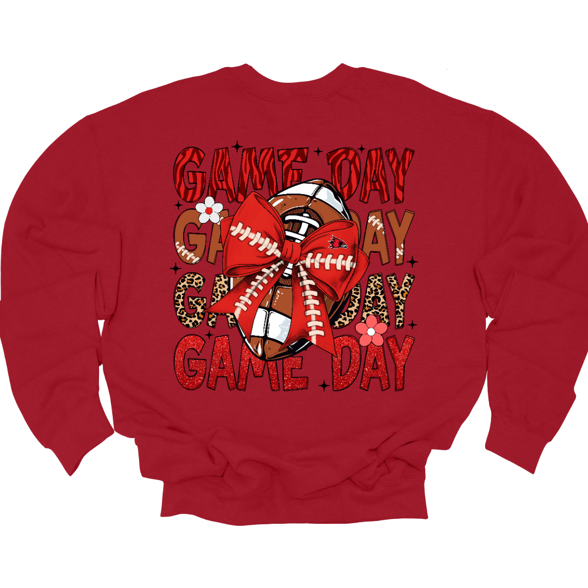 This bold SEMO shirt packs serious team spirit into every detail. The front has a ferocious Redhawk graphic paired with SEMO in bold white lettering over the left chest. The back has “Game Day” repeated in eye catching animal print and football-lace lettering. A football wrapped in a red bow steals the spotlight, complete with football-lace details and a small Redhawk perched on the bow. Go Redhawks! 
Shop at Gorgeousware.com today!
