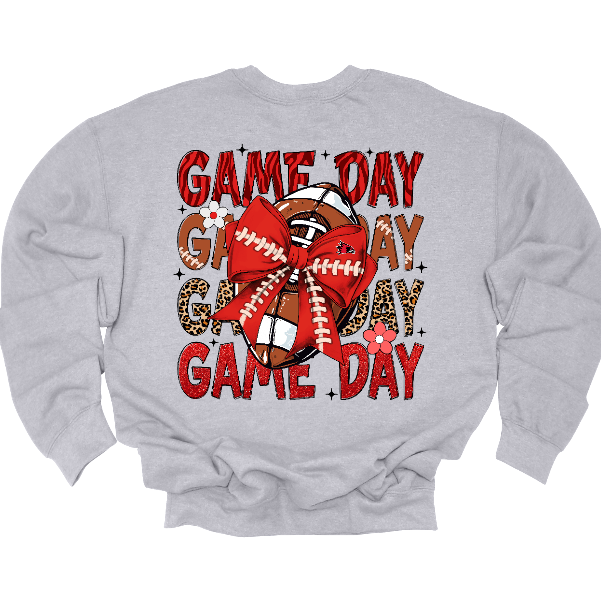 This bold SEMO shirt packs serious team spirit into every detail. The front has a ferocious Redhawk graphic paired with SEMO in bold white lettering over the left chest. The back has “Game Day” repeated in eye catching animal print and football-lace lettering. A football wrapped in a red bow steals the spotlight, complete with football-lace details and a small Redhawk perched on the bow. Go Redhawks! 
Shop at Gorgeousware.com today!
