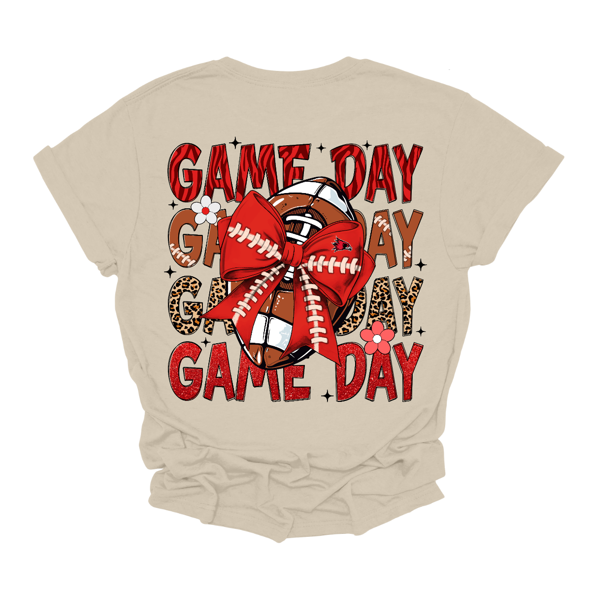 This bold SEMO short-sleeved tee packs serious team spirit into every detail. The front has a ferocious Redhawk graphic paired with SEMO in bold white lettering over the left chest. The back has “Game Day” repeated in eye catching animal print and football-lace lettering. A football wrapped in a red bow steals the spotlight, complete with football-lace details and a small Redhawk perched on the bow. Shop at Gorgeousware.com today!