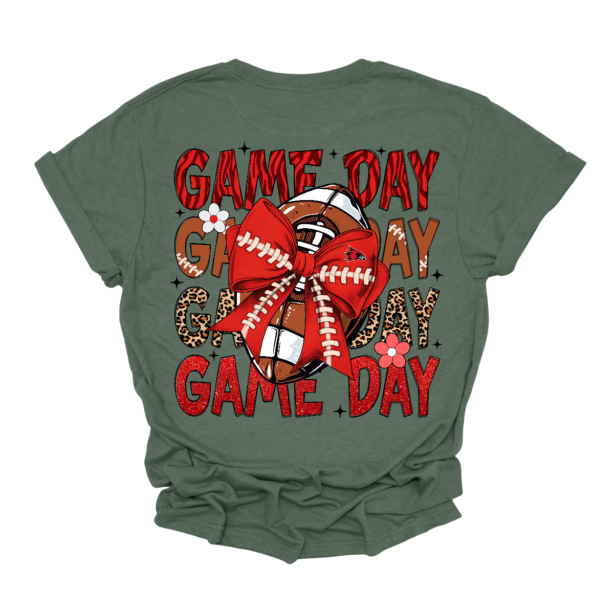 This bold SEMO short-sleeved tee packs serious team spirit into every detail. The front has a ferocious Redhawk graphic paired with SEMO in bold white lettering over the left chest. The back has “Game Day” repeated in eye catching animal print and football-lace lettering. A football wrapped in a red bow steals the spotlight, complete with football-lace details and a small Redhawk perched on the bow. Shop at Gorgeousware.com today!