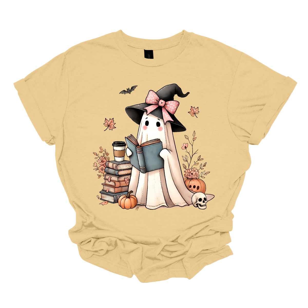 This T-shirt features an adorable ghost wearing a witch's hat adorned with a pink bow. The ghost has a warm, friendly expression as she enjoys her coffee, with a stack of books by her side.&nbsp; Around her, small pumpkins are scattered on the ground, adding a cozy, autumnal vibe. The design perfectly captures the charm of the Halloween season with a cute and whimsical twist. Shop at Gorgeousware.com