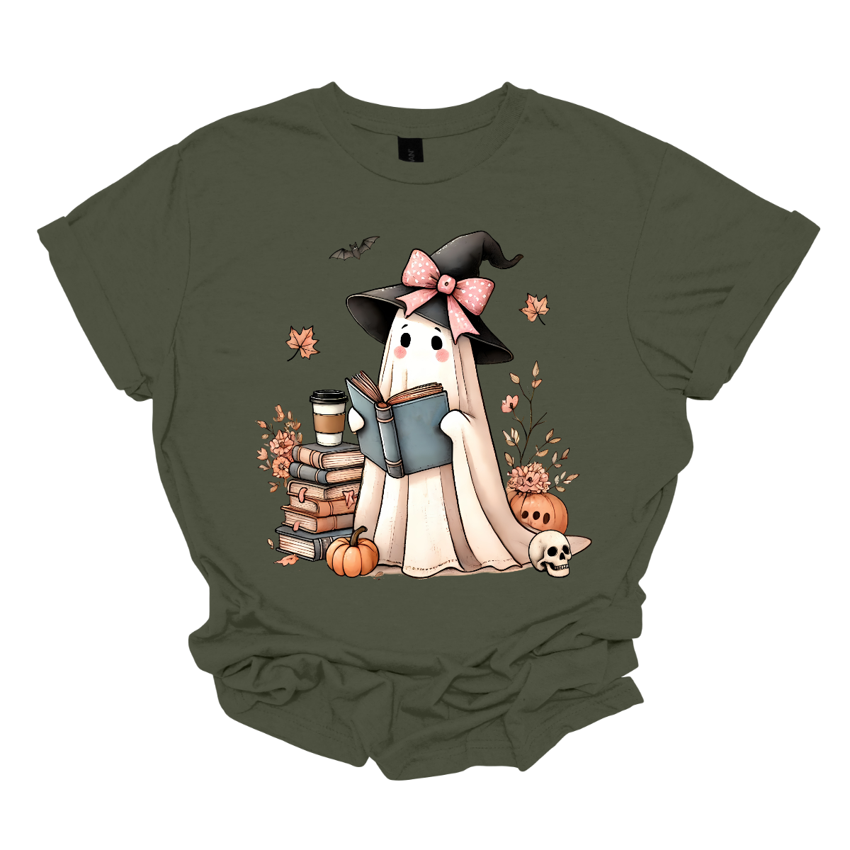 This T-shirt features an adorable ghost wearing a witch's hat adorned with a pink bow. The ghost has a warm, friendly expression as she enjoys her coffee, with a stack of books by her side.&nbsp; Around her, small pumpkins are scattered on the ground, adding a cozy, autumnal vibe. The design perfectly captures the charm of the Halloween season with a cute and whimsical twist. Shop at Gorgeousware.com