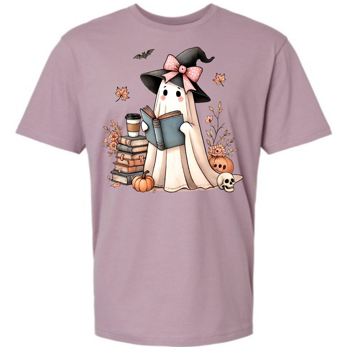 This T-shirt features an adorable ghost wearing a witch's hat adorned with a pink bow. The ghost has a warm, friendly expression as she enjoys her coffee, with a stack of books by her side.&nbsp; Around her, small pumpkins are scattered on the ground, adding a cozy, autumnal vibe. The design perfectly captures the charm of the Halloween season with a cute and whimsical twist. Shop at Gorgeousware.com