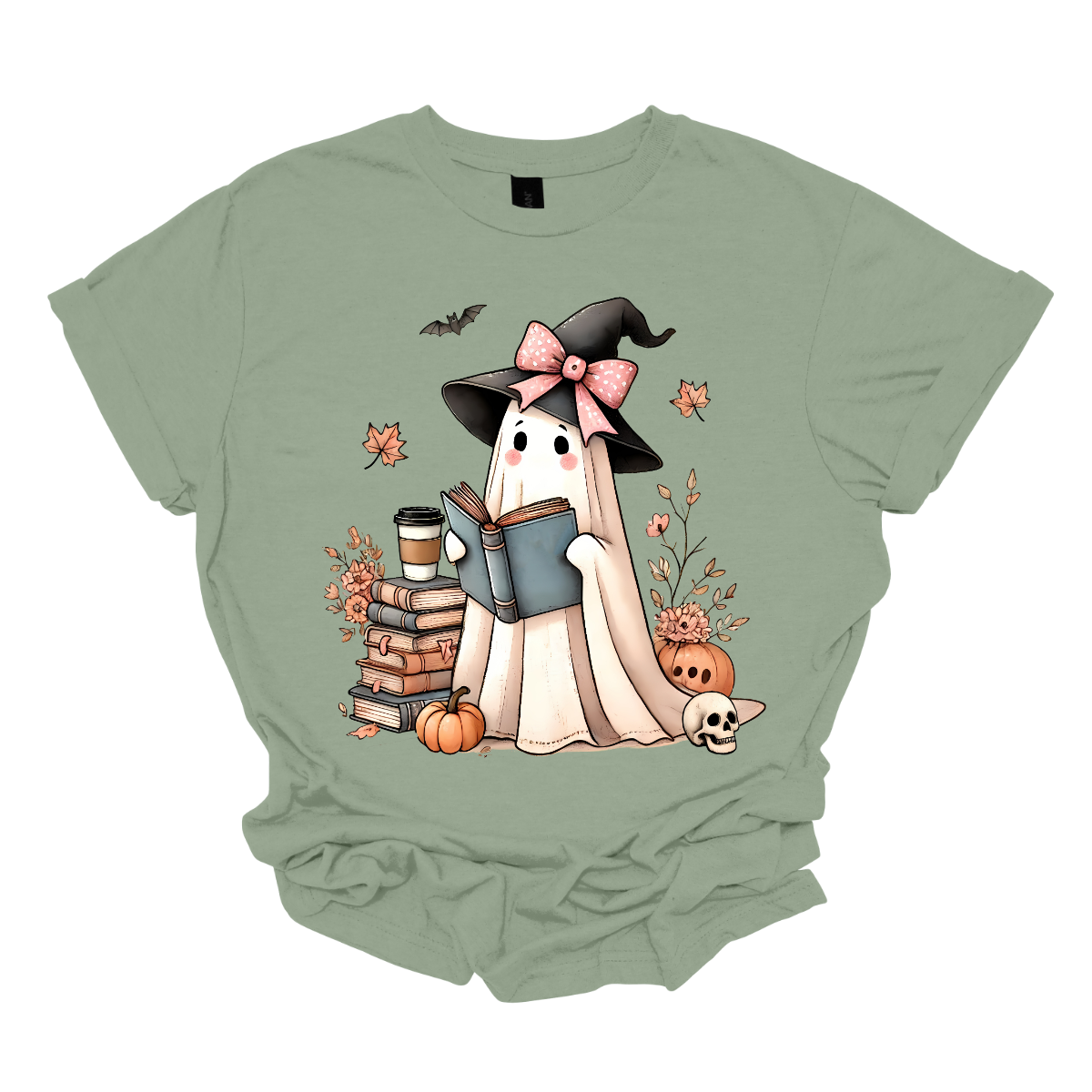 This T-shirt features an adorable ghost wearing a witch's hat adorned with a pink bow. The ghost has a warm, friendly expression as she enjoys her coffee, with a stack of books by her side.&nbsp; Around her, small pumpkins are scattered on the ground, adding a cozy, autumnal vibe. The design perfectly captures the charm of the Halloween season with a cute and whimsical twist. Shop at Gorgeousware.com