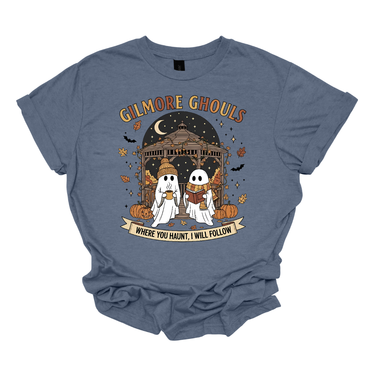 Calling all Gilmore Girls fans with a love for spooky season! 👻🍂 This Gilmore Ghouls graphic tee is the perfect mix of cozy and creepy-cute. The design features two friendly ghosts standing under a gazebo — one sipping a steaming mug, the other lost in a good book. The backdrop is filled with glowing jack-o’-lanterns, pumpkins, fluttering bats, and falling autumn leaves for the ultimate fall aesthetic. Shop at Gorgeousware.com