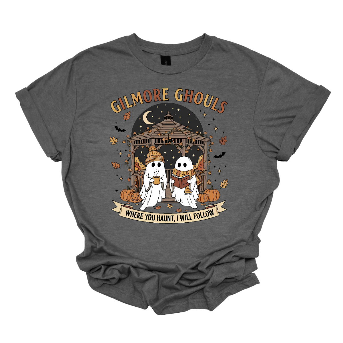 Calling all Gilmore Girls fans with a love for spooky season! 👻🍂 This Gilmore Ghouls graphic tee is the perfect mix of cozy and creepy-cute. The design features two friendly ghosts standing under a gazebo — one sipping a steaming mug, the other lost in a good book. The backdrop is filled with glowing jack-o’-lanterns, pumpkins, fluttering bats, and falling autumn leaves for the ultimate fall aesthetic. Shop at Gorgeousware.com