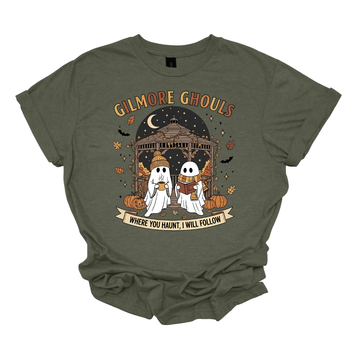Calling all Gilmore Girls fans with a love for spooky season! 👻🍂 This Gilmore Ghouls graphic tee is the perfect mix of cozy and creepy-cute. The design features two friendly ghosts standing under a gazebo — one sipping a steaming mug, the other lost in a good book. The backdrop is filled with glowing jack-o’-lanterns, pumpkins, fluttering bats, and falling autumn leaves for the ultimate fall aesthetic. Shop at Gorgeousware.com