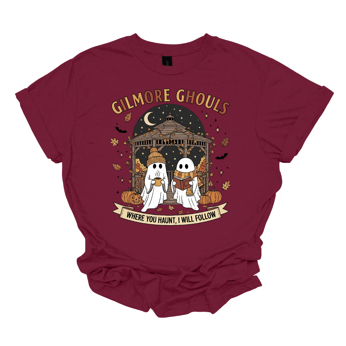 Calling all Gilmore Girls fans with a love for spooky season! 👻🍂 This Gilmore Ghouls graphic tee is the perfect mix of cozy and creepy-cute. The design features two friendly ghosts standing under a gazebo — one sipping a steaming mug, the other lost in a good book. The backdrop is filled with glowing jack-o’-lanterns, pumpkins, fluttering bats, and falling autumn leaves for the ultimate fall aesthetic. Shop at Gorgeousware.com
