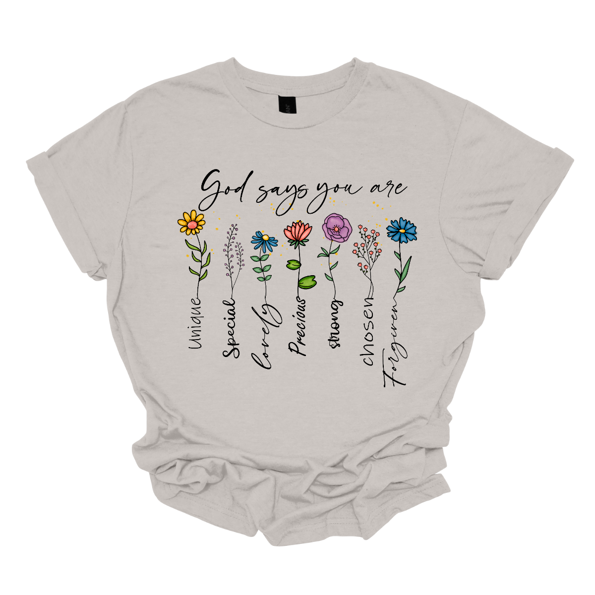 Divine Blooms T-shirt, a vibrant fusion of faith, affirmation, and floral beauty! Embrace the powerful message of divine love and empowerment with this stunning design, featuring colorful flowers blooming from the uplifting words: "God says you are unique, special, loved, precious, strong, chosen, forgiven." Each stem of this floral masterpiece represents a facet of your divine identity, reminding you of your inherent worth and the boundless love that surrounds you. Shop now at Gorgeousware.com