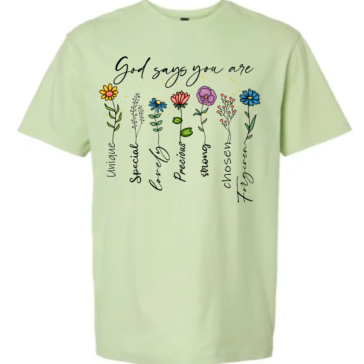 Divine Blooms T-shirt, a vibrant fusion of faith, affirmation, and floral beauty! Embrace the powerful message of divine love and empowerment with this stunning design, featuring colorful flowers blooming from the uplifting words: "God says you are unique, special, loved, precious, strong, chosen, forgiven." Each stem of this floral masterpiece represents a facet of your divine identity, reminding you of your inherent worth and the boundless love that surrounds you. Shop now at Gorgeousware.com