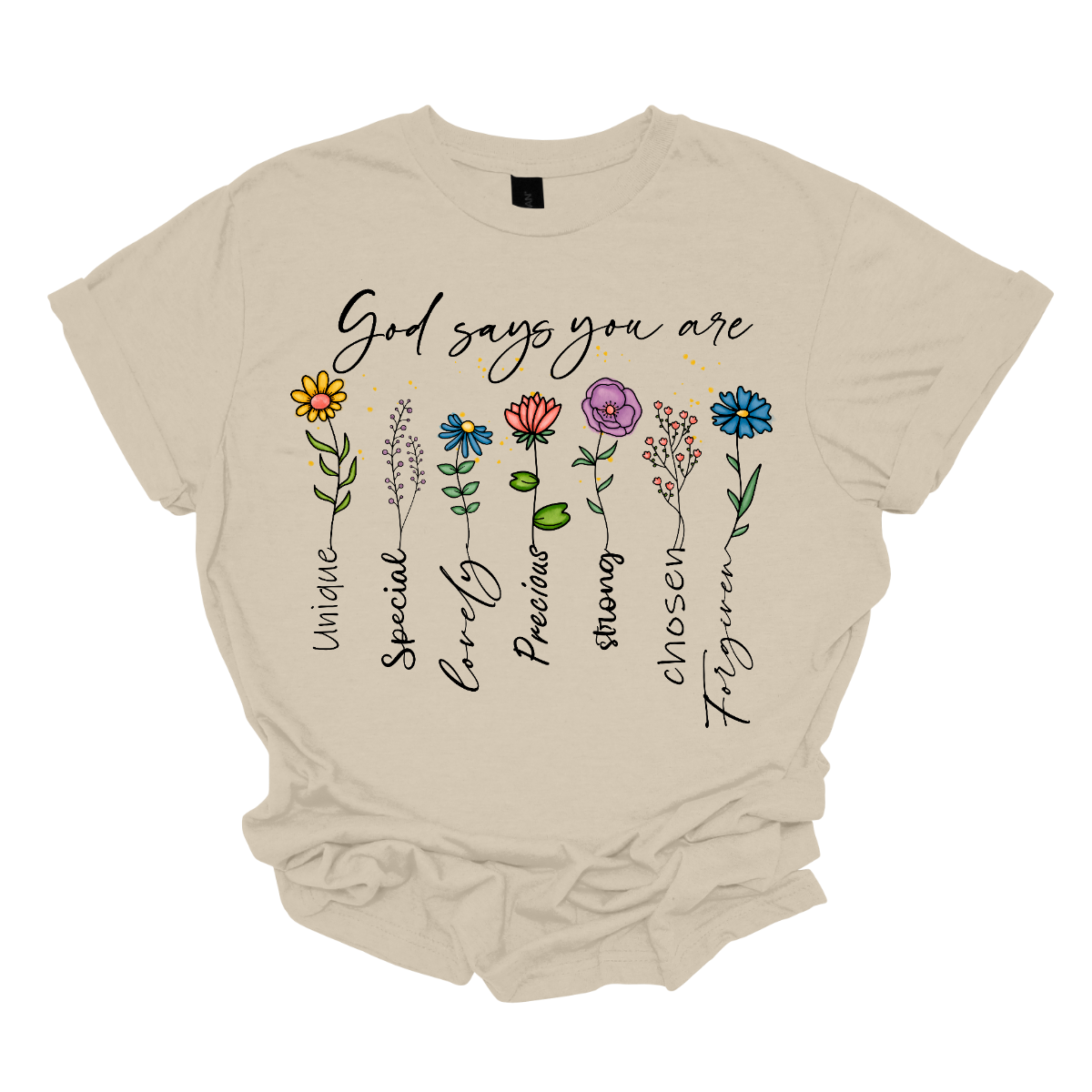 Divine Blooms T-shirt, a vibrant fusion of faith, affirmation, and floral beauty! Embrace the powerful message of divine love and empowerment with this stunning design, featuring colorful flowers blooming from the uplifting words: "God says you are unique, special, loved, precious, strong, chosen, forgiven." Each stem of this floral masterpiece represents a facet of your divine identity, reminding you of your inherent worth and the boundless love that surrounds you. Shop now at Gorgeousware.com