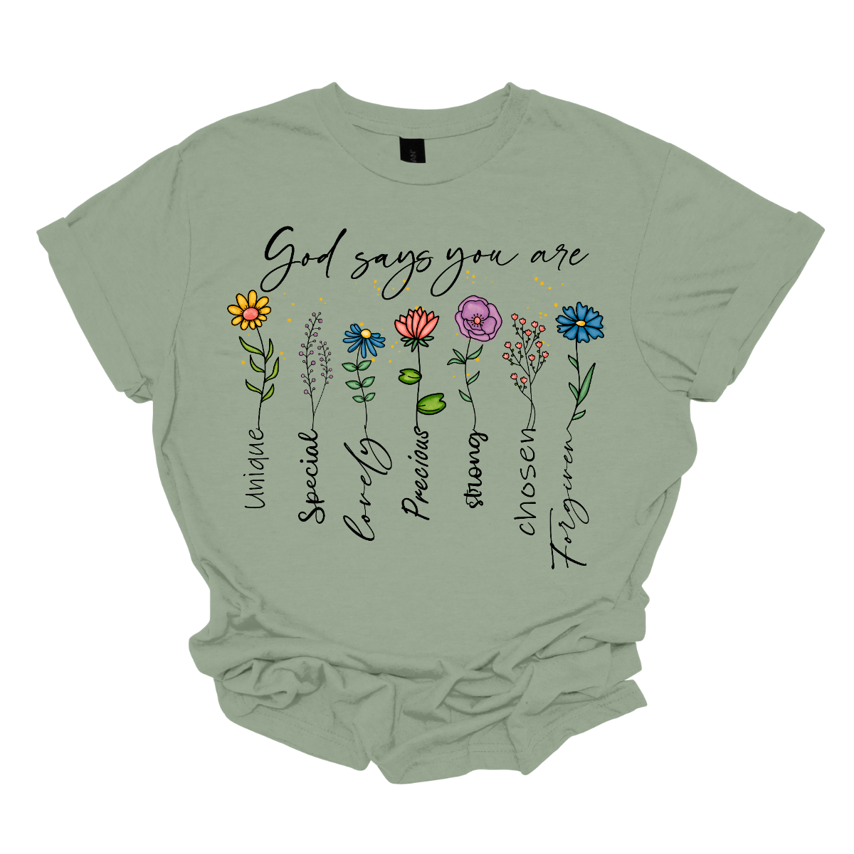 Divine Blooms T-shirt, a vibrant fusion of faith, affirmation, and floral beauty! Embrace the powerful message of divine love and empowerment with this stunning design, featuring colorful flowers blooming from the uplifting words: "God says you are unique, special, loved, precious, strong, chosen, forgiven." Each stem of this floral masterpiece represents a facet of your divine identity, reminding you of your inherent worth and the boundless love that surrounds you. Shop now at Gorgeousware.com