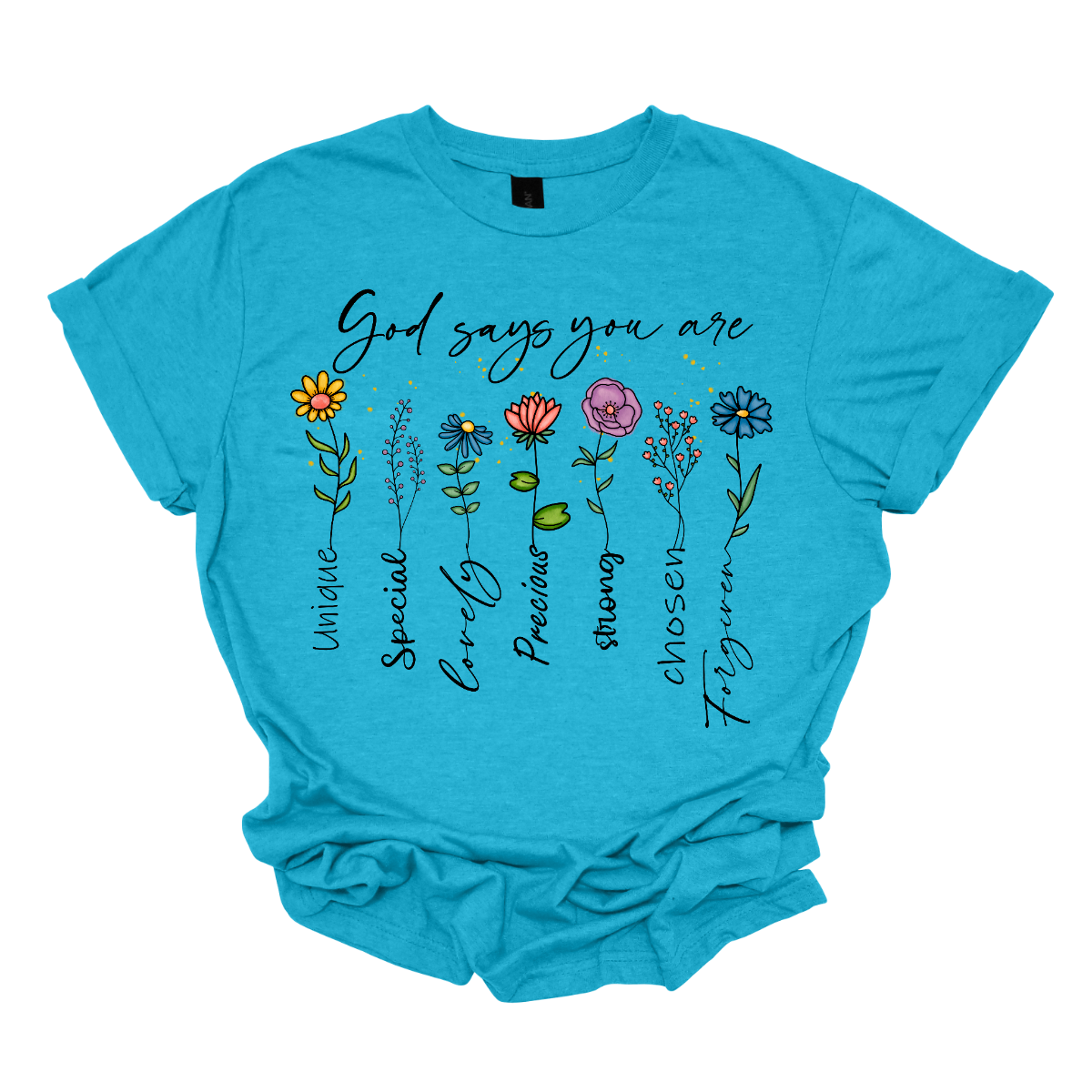 Divine Blooms T-shirt, a vibrant fusion of faith, affirmation, and floral beauty! Embrace the powerful message of divine love and empowerment with this stunning design, featuring colorful flowers blooming from the uplifting words: "God says you are unique, special, loved, precious, strong, chosen, forgiven." Each stem of this floral masterpiece represents a facet of your divine identity, reminding you of your inherent worth and the boundless love that surrounds you. Shop now at Gorgeousware.com