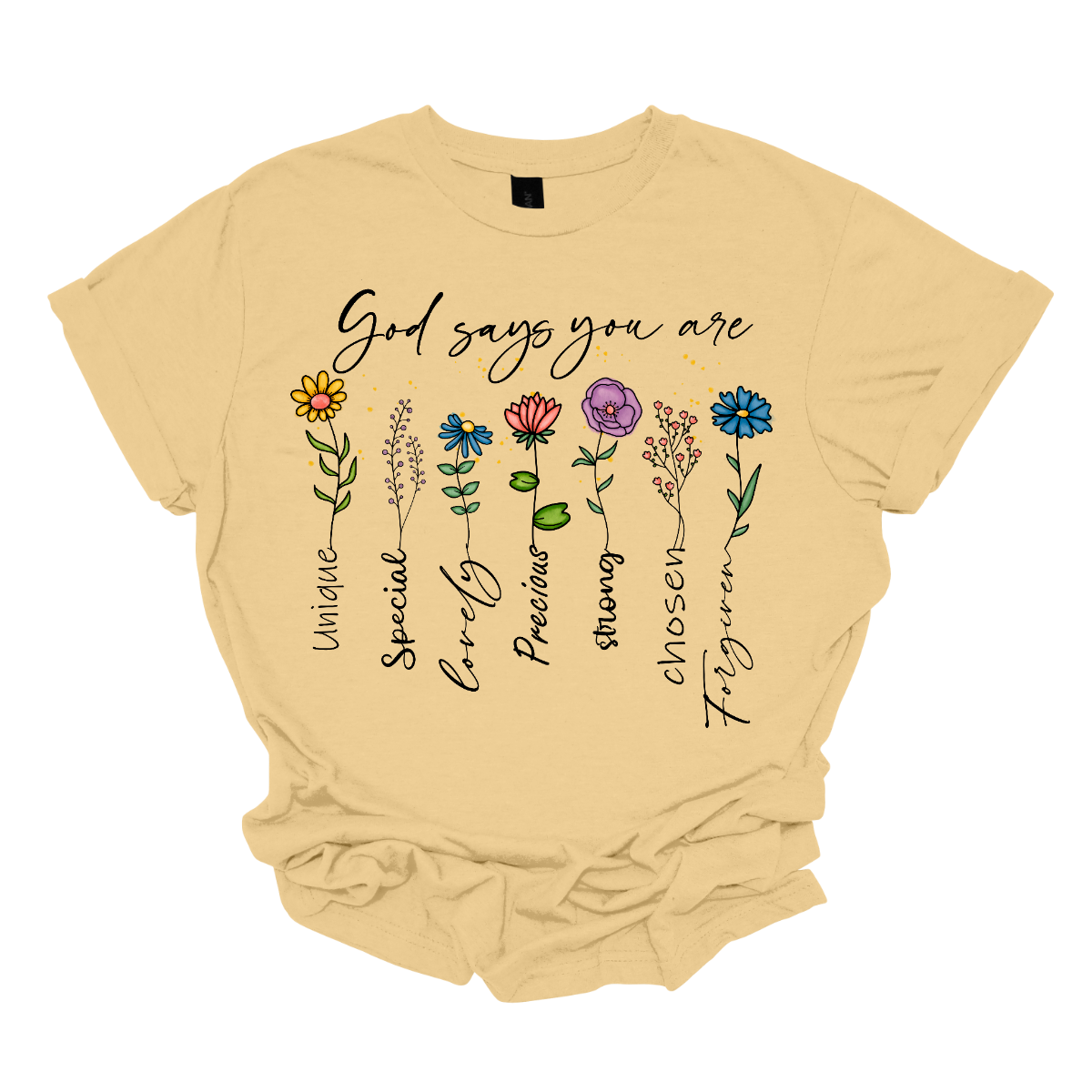 Divine Blooms T-shirt, a vibrant fusion of faith, affirmation, and floral beauty! Embrace the powerful message of divine love and empowerment with this stunning design, featuring colorful flowers blooming from the uplifting words: "God says you are unique, special, loved, precious, strong, chosen, forgiven." Each stem of this floral masterpiece represents a facet of your divine identity, reminding you of your inherent worth and the boundless love that surrounds you. Shop now at Gorgeousware.com