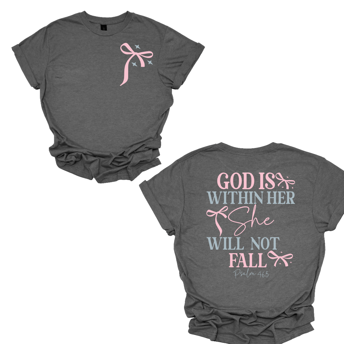 Carry a message of strength and faith with this uplifting Christian tee. ✨ The front features a sweet light pink bow surrounded by soft light blue stars for a simple yet meaningful detail. On the back, the verse “God is within her, she will not fall – Psalm 46:5” is displayed in bold lettering, offering daily encouragement and inspiration. Shop at Gorgeousware.com
