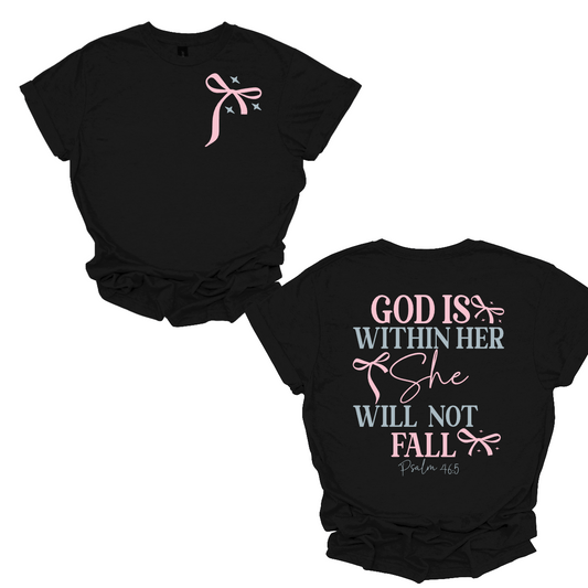 Carry a message of strength and faith with this uplifting Christian tee. ✨ The front features a sweet light pink bow surrounded by soft light blue stars for a simple yet meaningful detail. On the back, the verse “God is within her, she will not fall – Psalm 46:5” is displayed in bold lettering, offering daily encouragement and inspiration. Shop at Gorgeousware.com