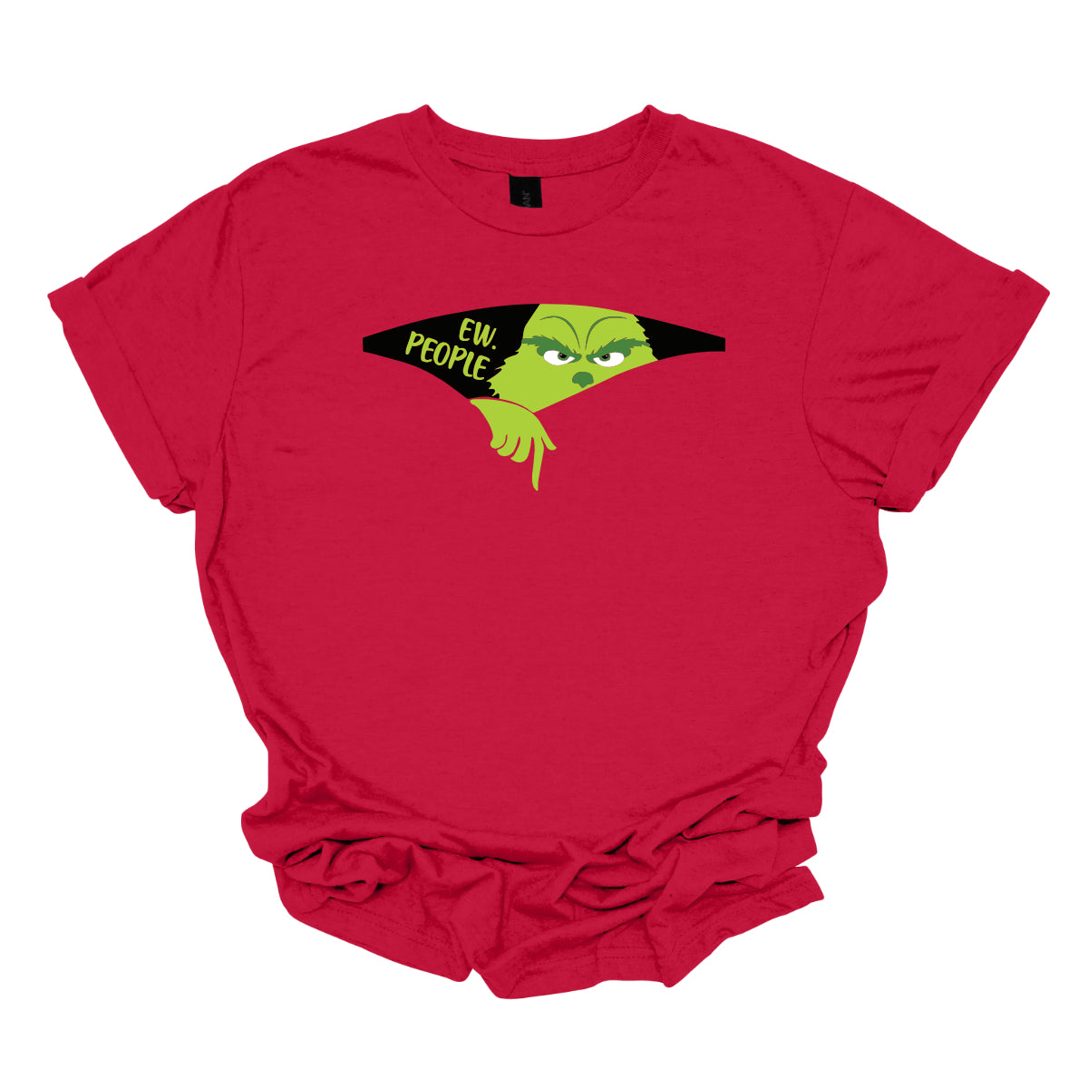 This T-shirt features a playful and eye-catching design centered around a cut-out illusion. The shirt showcases a dynamic cut-out effect, creating the appearance that a section of the fabric has been torn away. Through this cut-out, the Grinch is depicted in vivid, cartoonish detail, as though he’s emerging from the hole saying "Ew. People". Shop Gorgeousware.com