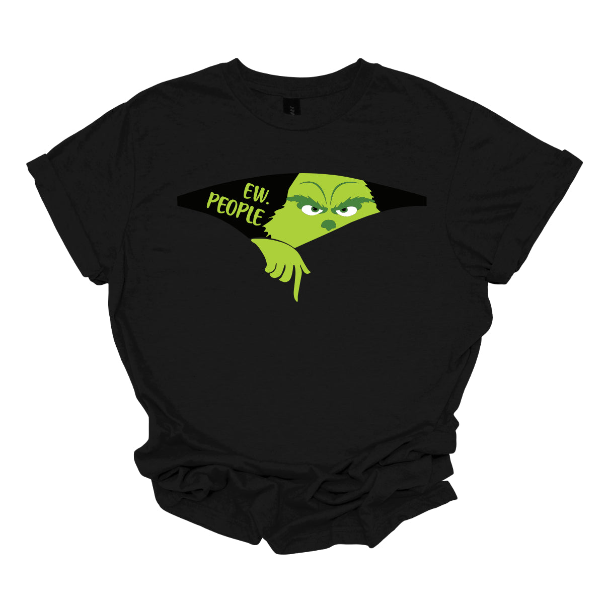 This T-shirt features a playful and eye-catching design centered around a cut-out illusion. The shirt showcases a dynamic cut-out effect, creating the appearance that a section of the fabric has been torn away. Through this cut-out, the Grinch is depicted in vivid, cartoonish detail, as though he’s emerging from the hole saying "Ew. People". Shop Gorgeousware.com