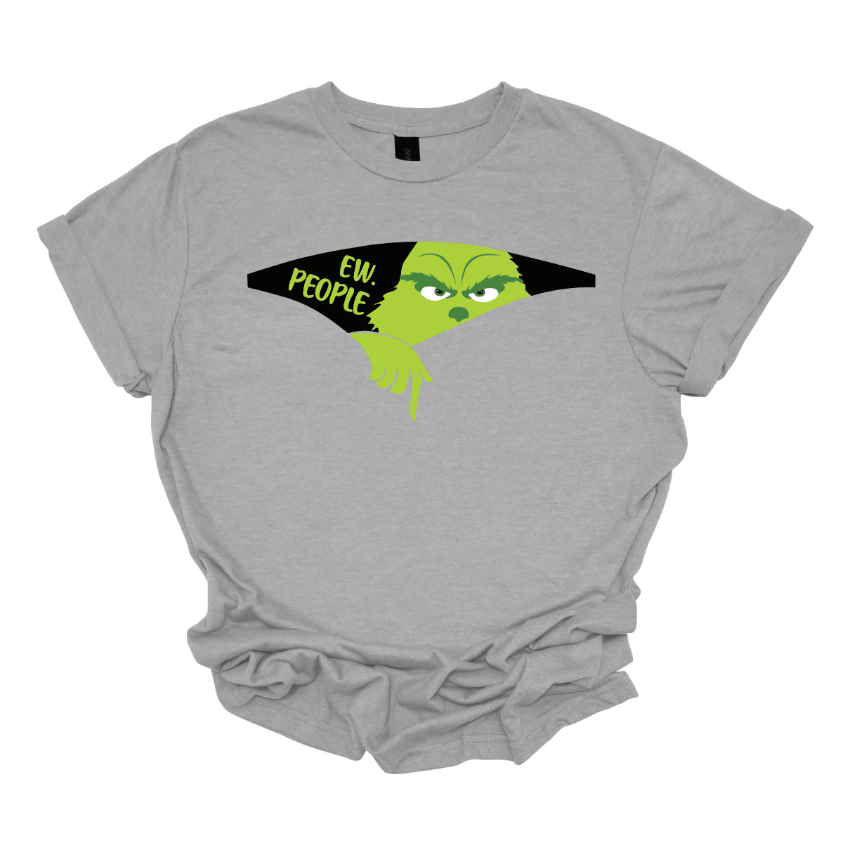 This T-shirt features a playful and eye-catching design centered around a cut-out illusion. The shirt showcases a dynamic cut-out effect, creating the appearance that a section of the fabric has been torn away. Through this cut-out, the Grinch is depicted in vivid, cartoonish detail, as though he’s emerging from the hole saying "Ew. People". Shop Gorgeousware.com