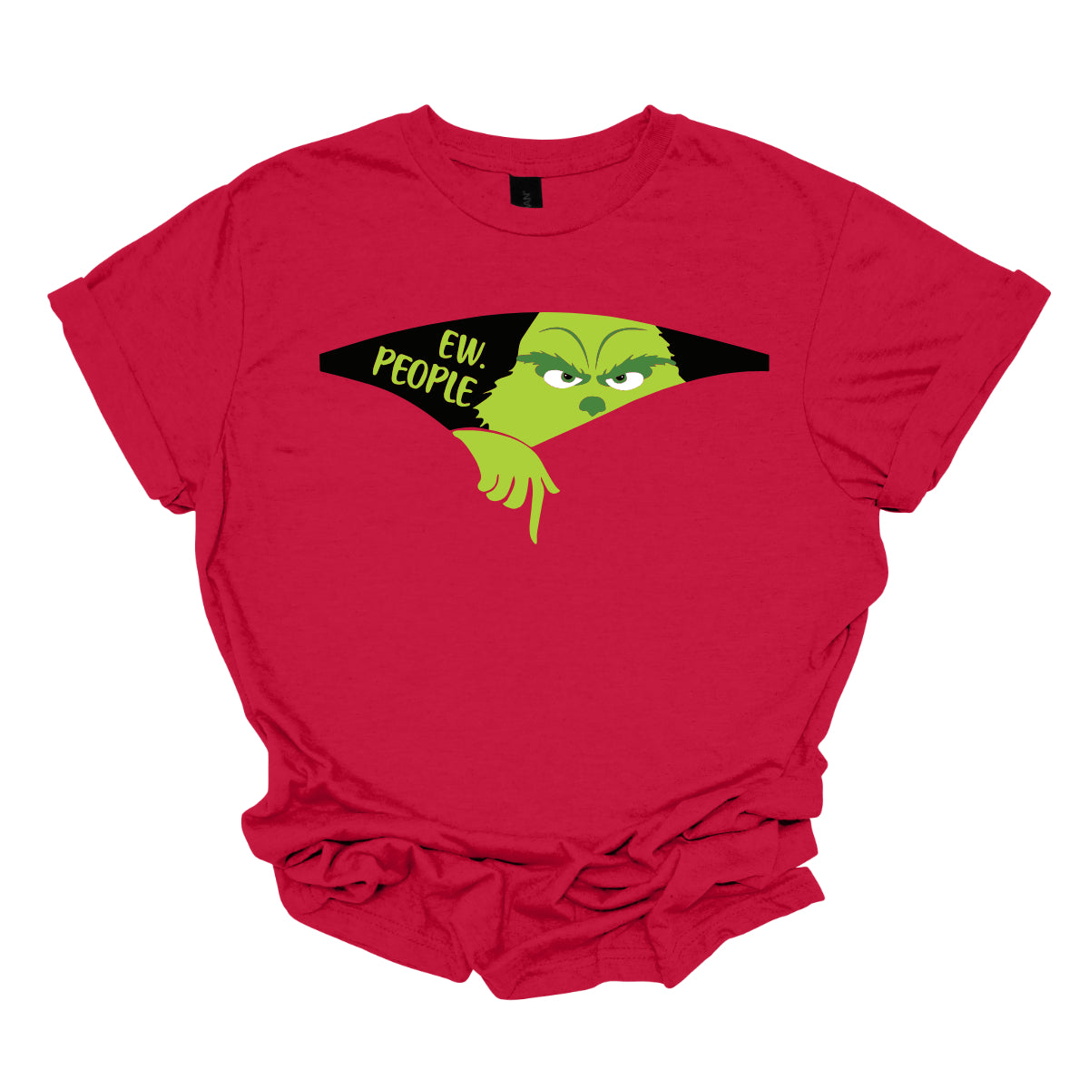 This T-shirt features a playful and eye-catching design centered around a cut-out illusion. The shirt showcases a dynamic cut-out effect, creating the appearance that a section of the fabric has been torn away. Through this cut-out, the Grinch is depicted in vivid, cartoonish detail, as though he’s emerging from the hole saying "Ew. People". Shop Gorgeousware.com