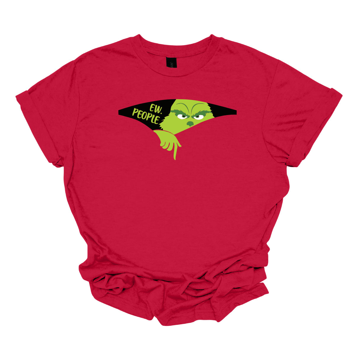 This T-shirt features a playful and eye-catching design centered around a cut-out illusion. The shirt showcases a dynamic cut-out effect, creating the appearance that a section of the fabric has been torn away. Through this cut-out, the Grinch is depicted in vivid, cartoonish detail, as though he’s emerging from the hole saying "Ew. People". Shop Gorgeousware.com