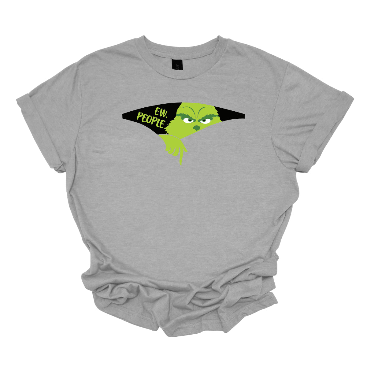 This T-shirt features a playful and eye-catching design centered around a cut-out illusion. The shirt showcases a dynamic cut-out effect, creating the appearance that a section of the fabric has been torn away. Through this cut-out, the Grinch is depicted in vivid, cartoonish detail, as though he’s emerging from the hole saying "Ew. People". Shop Gorgeousware.com