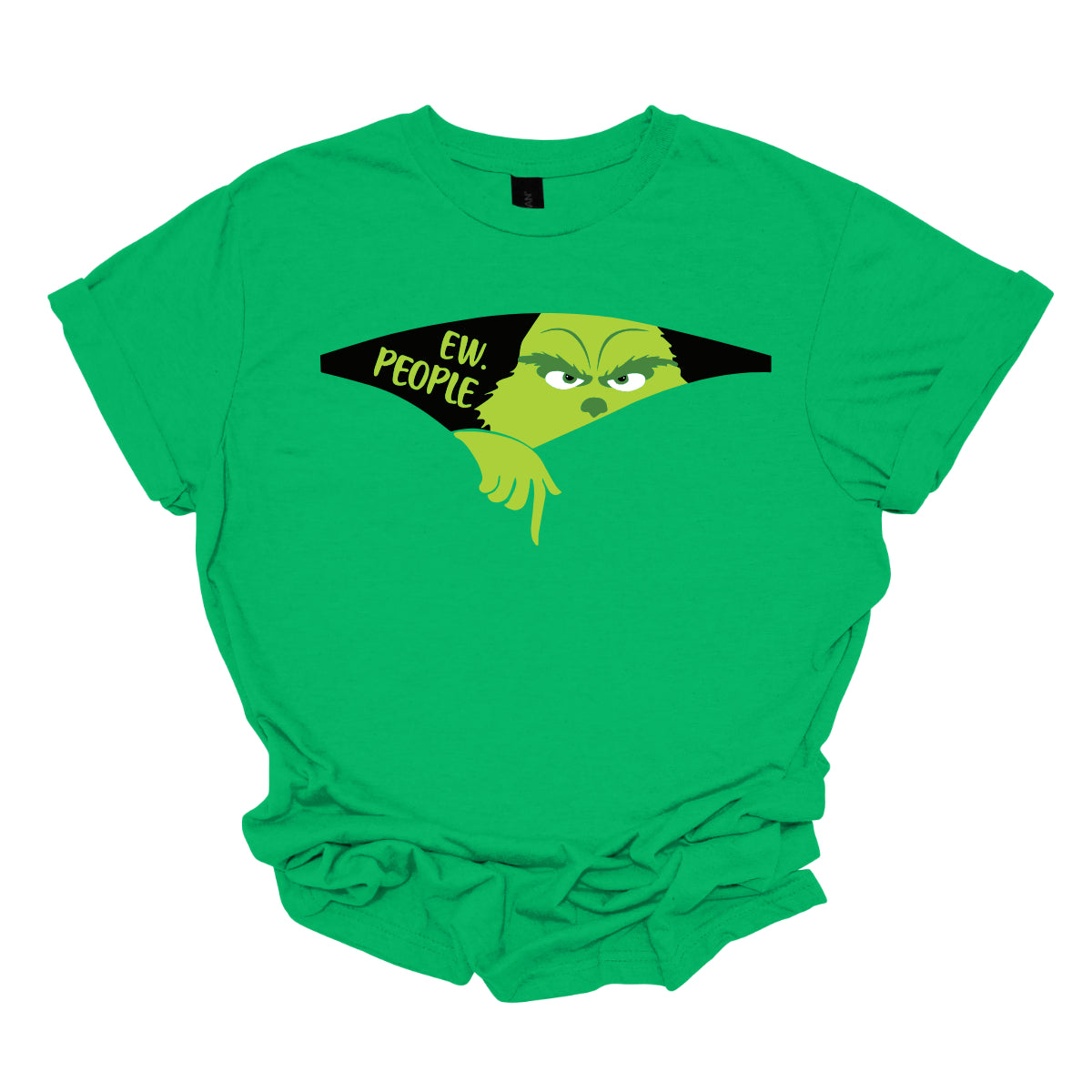 This T-shirt features a playful and eye-catching design centered around a cut-out illusion. The shirt showcases a dynamic cut-out effect, creating the appearance that a section of the fabric has been torn away. Through this cut-out, the Grinch is depicted in vivid, cartoonish detail, as though he’s emerging from the hole saying "Ew. People". Shop Gorgeousware.com