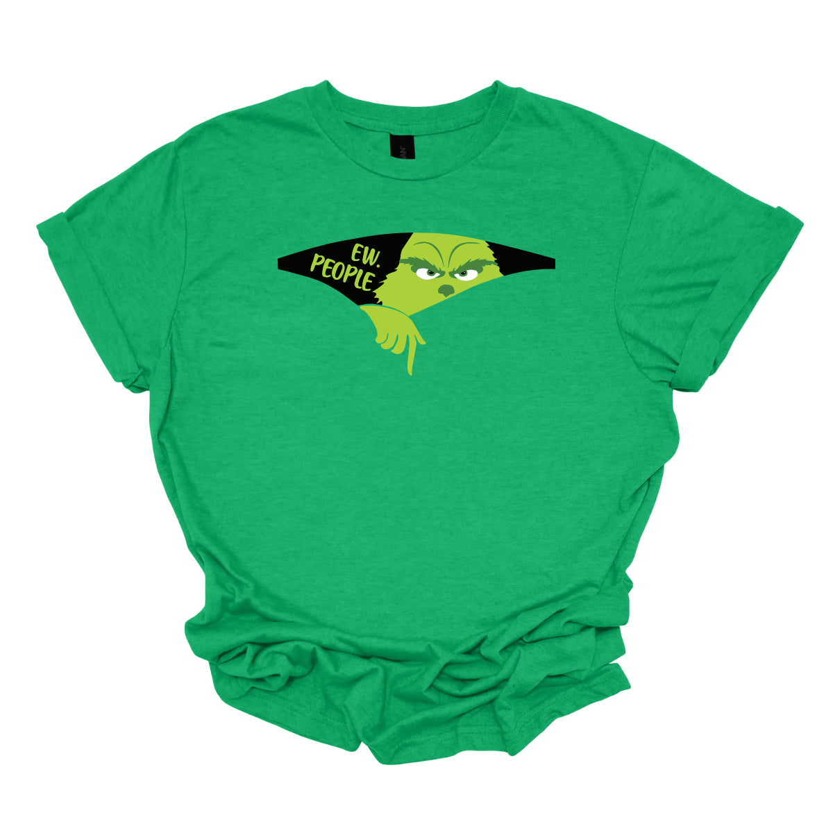 This T-shirt features a playful and eye-catching design centered around a cut-out illusion. The shirt showcases a dynamic cut-out effect, creating the appearance that a section of the fabric has been torn away. Through this cut-out, the Grinch is depicted in vivid, cartoonish detail, as though he’s emerging from the hole saying "Ew. People". Shop Gorgeousware.com