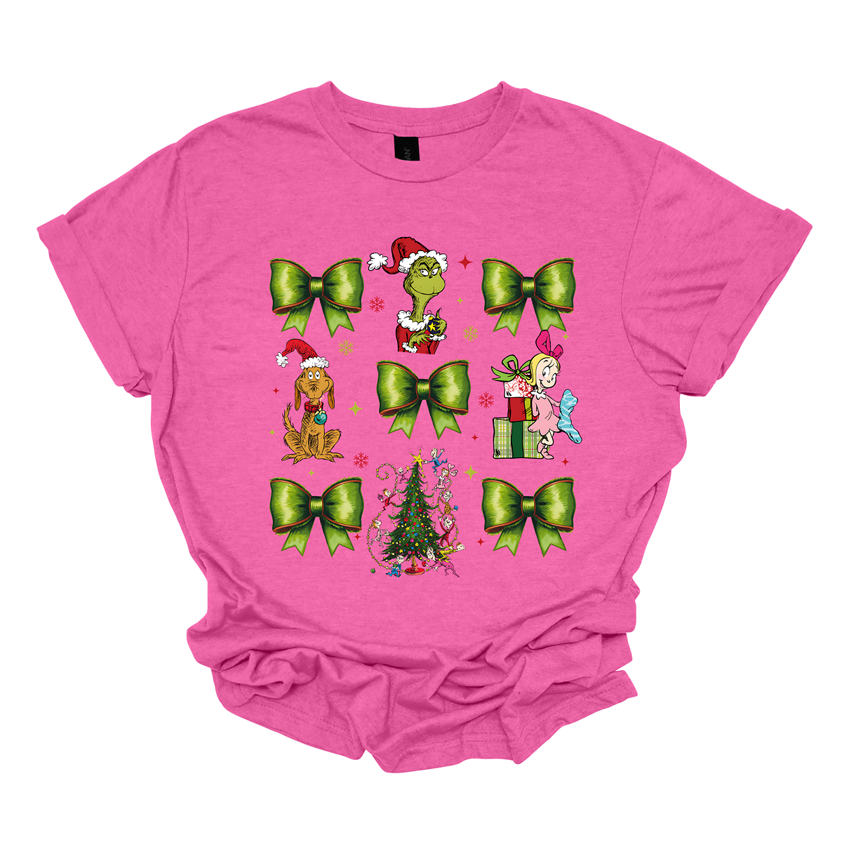 This whimsical apparel features a charming "Grinch Croquette" design with a playful 9-image grid, bringing the beloved characters and scenes from How the Grinch Stole Christmas to life. The grid showcases a combination of green bows, the mischievous Grinch, his loyal dog Max, and the sweet Cindy Lou Who, all set against the backdrop of the iconic whimsical Christmas tree.  Shop at Gorgeousware.com