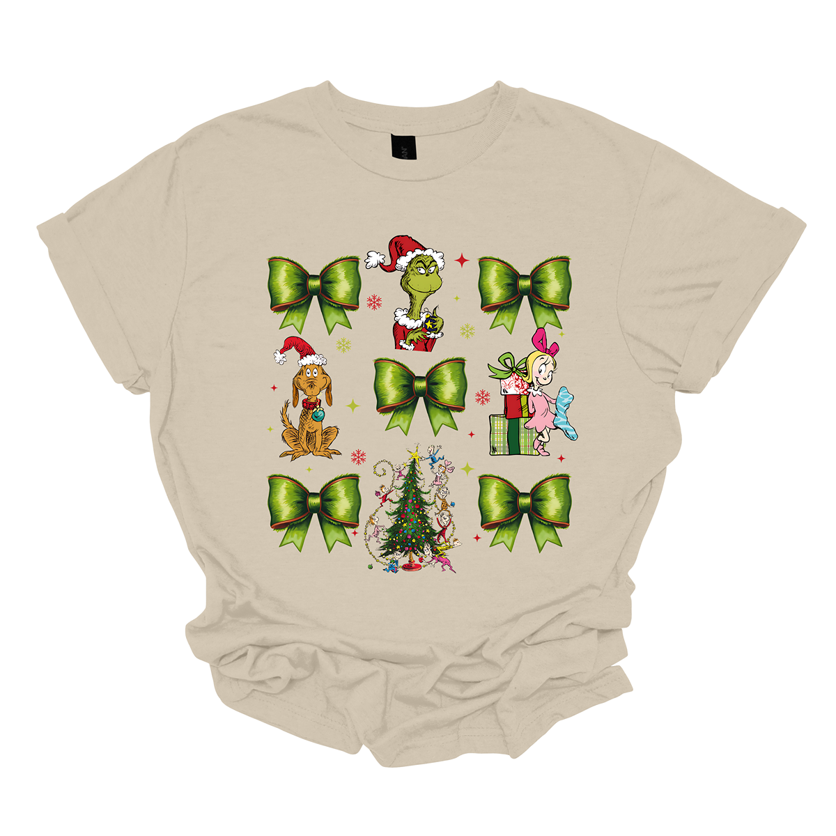 This whimsical apparel features a charming "Grinch Croquette" design with a playful 9-image grid, bringing the beloved characters and scenes from How the Grinch Stole Christmas to life. The grid showcases a combination of green bows, the mischievous Grinch, his loyal dog Max, and the sweet Cindy Lou Who, all set against the backdrop of the iconic whimsical Christmas tree.  Shop at Gorgeousware.com