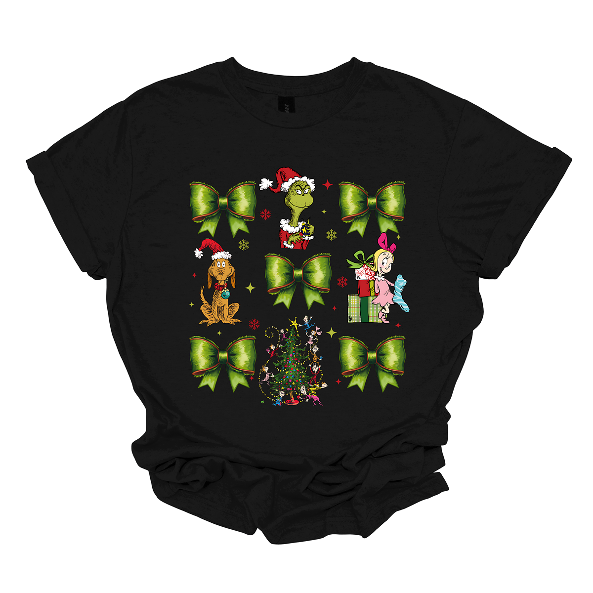 This whimsical apparel features a charming "Grinch Croquette" design with a playful 9-image grid, bringing the beloved characters and scenes from How the Grinch Stole Christmas to life. The grid showcases a combination of green bows, the mischievous Grinch, his loyal dog Max, and the sweet Cindy Lou Who, all set against the backdrop of the iconic whimsical Christmas tree.  Shop at Gorgeousware.com