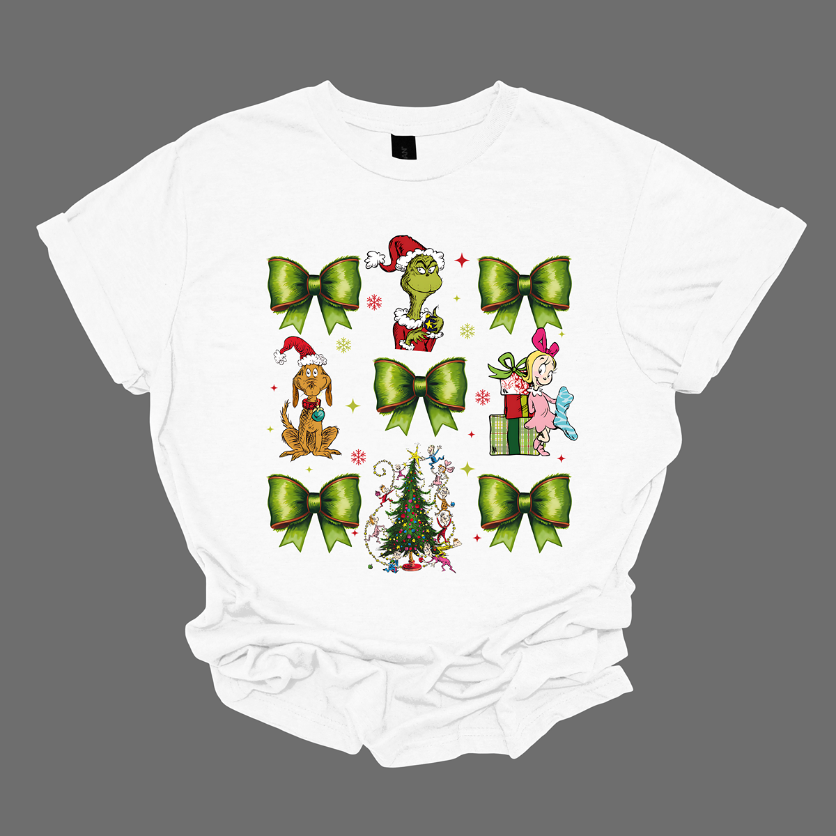 This whimsical apparel features a charming "Grinch Croquette" design with a playful 9-image grid, bringing the beloved characters and scenes from How the Grinch Stole Christmas to life. The grid showcases a combination of green bows, the mischievous Grinch, his loyal dog Max, and the sweet Cindy Lou Who, all set against the backdrop of the iconic whimsical Christmas tree.  Shop at Gorgeousware.com